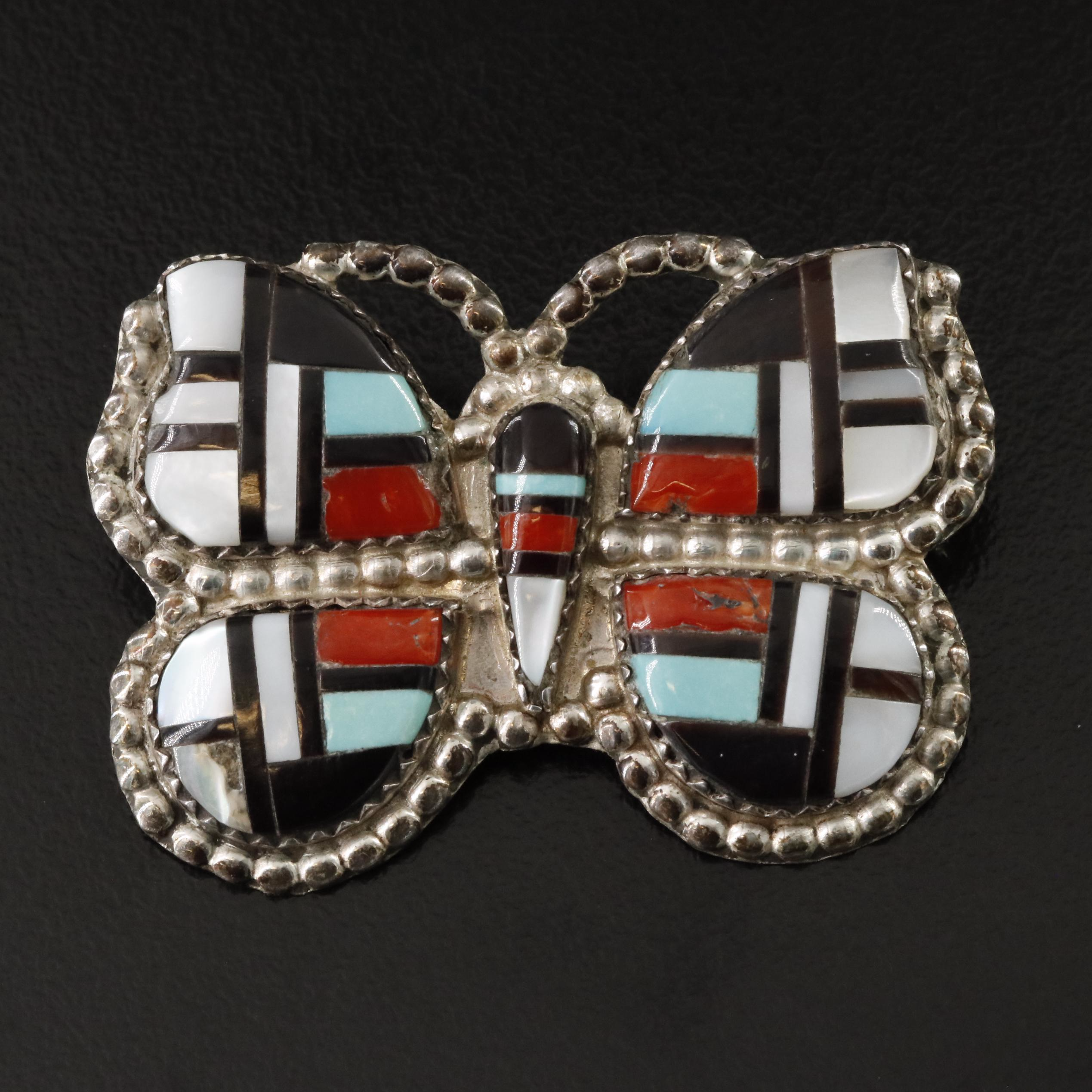 Herbert & Ester Cellicion Zuni Sterling Inlay Converter Brooch