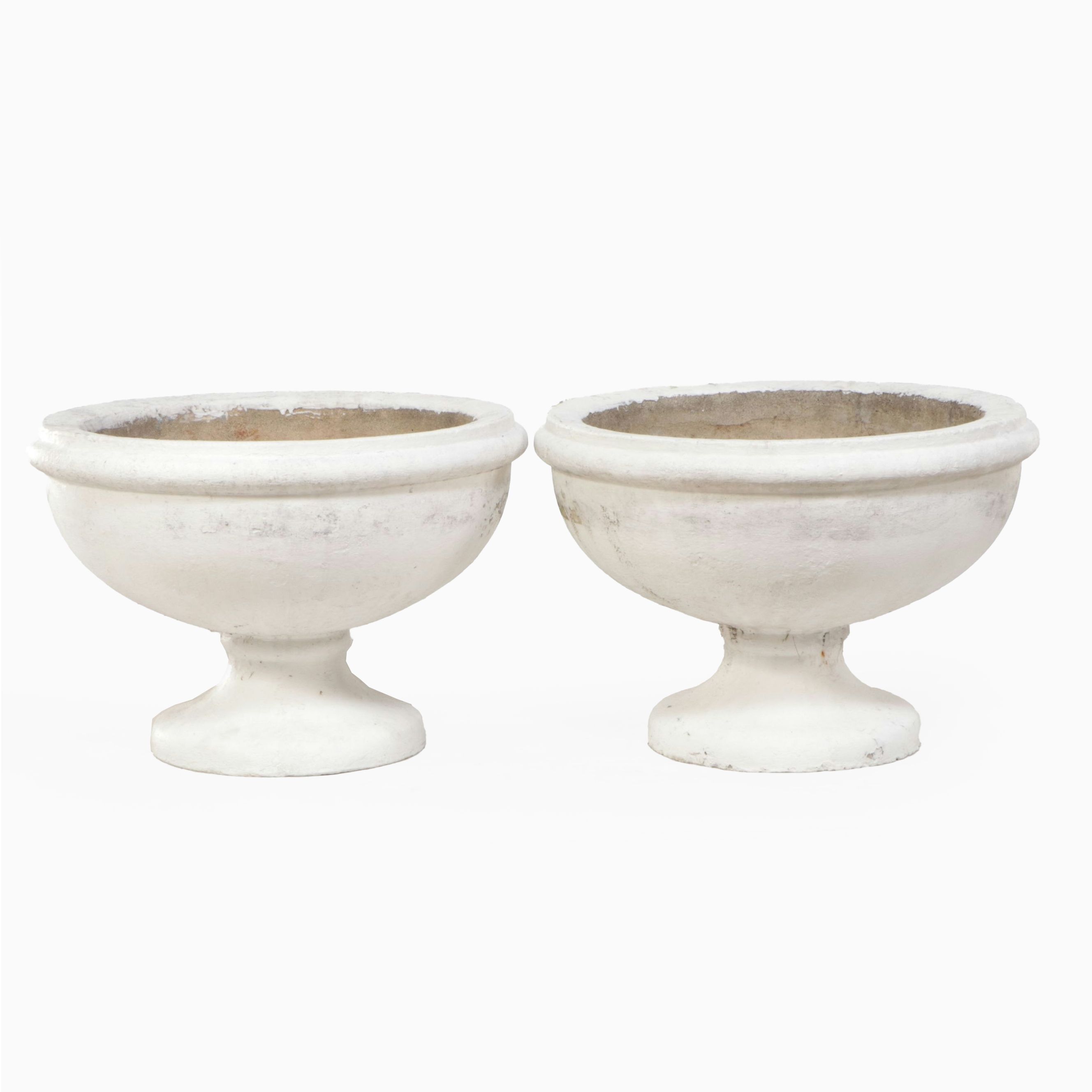 Pair of Cast Concrete Low Bowl Planters with Hexagonal Stands