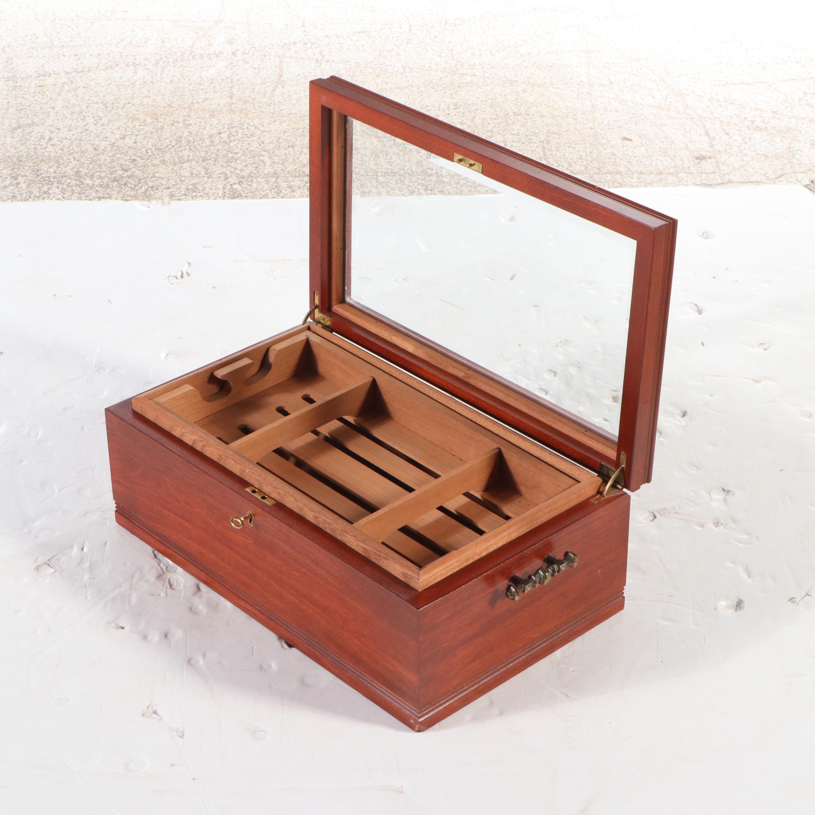 Glass Lidded Mahogany Humidor with Cedar Liner and Tray