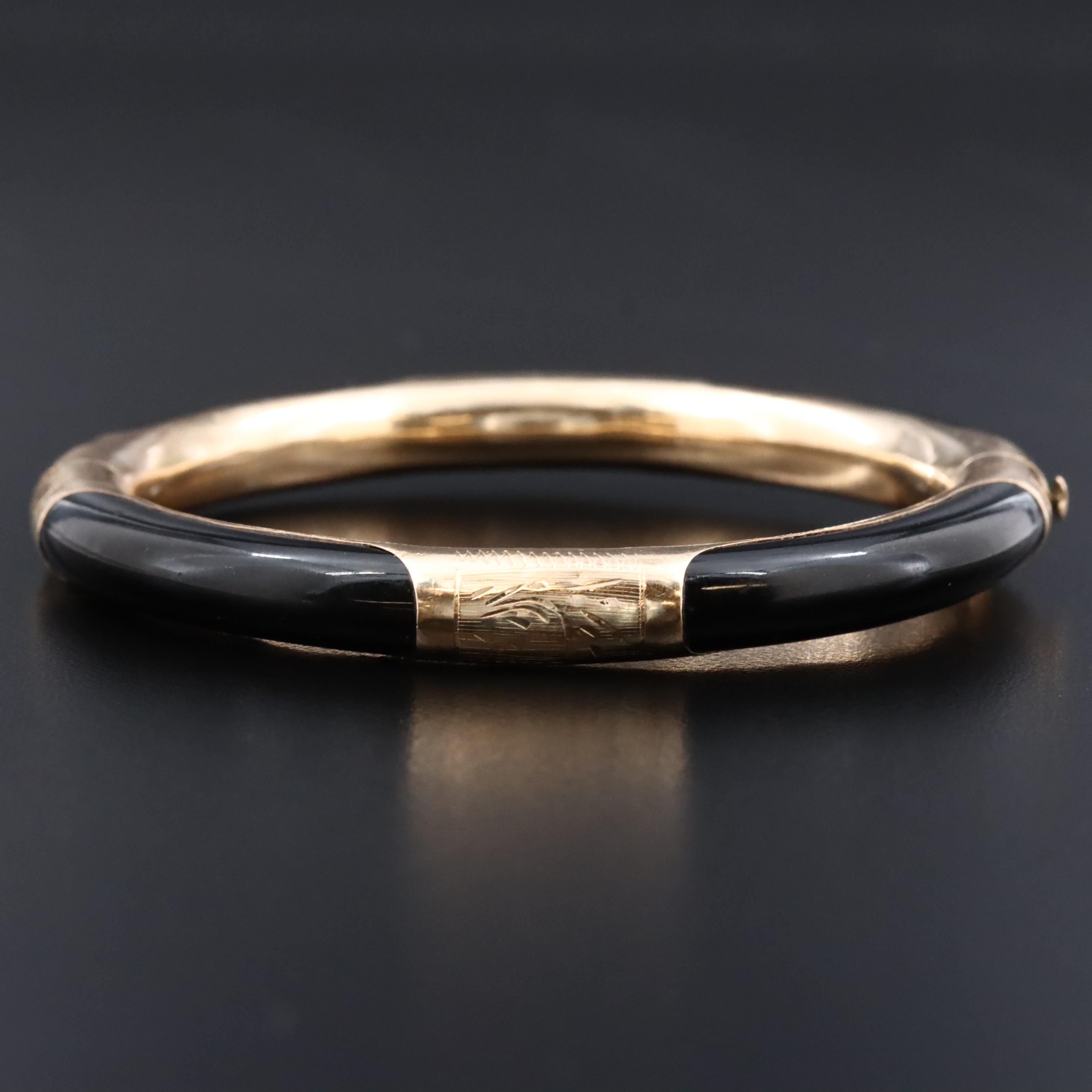 14K and Obsidian Hinged Bangle Bracelet