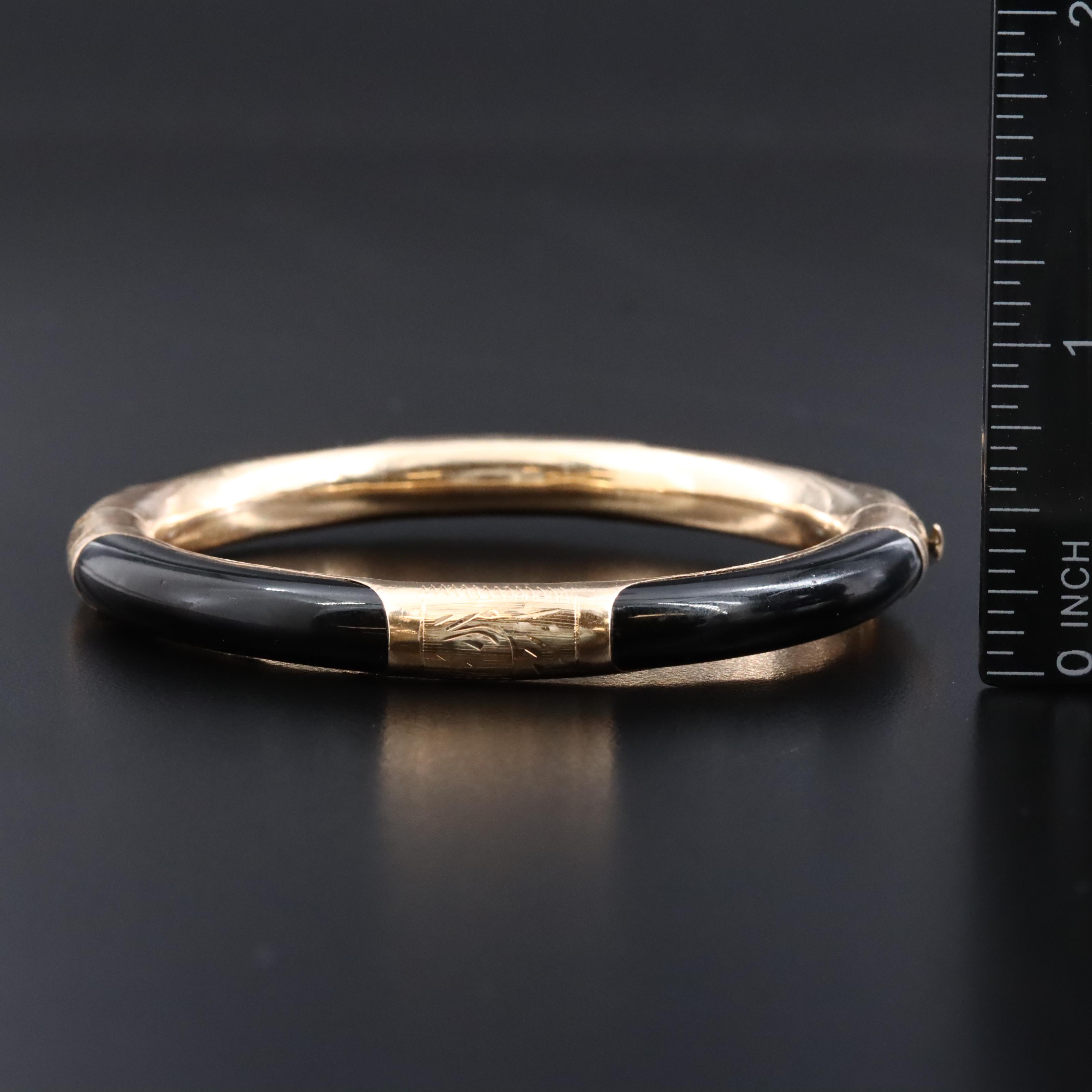 14K and Obsidian Hinged Bangle Bracelet