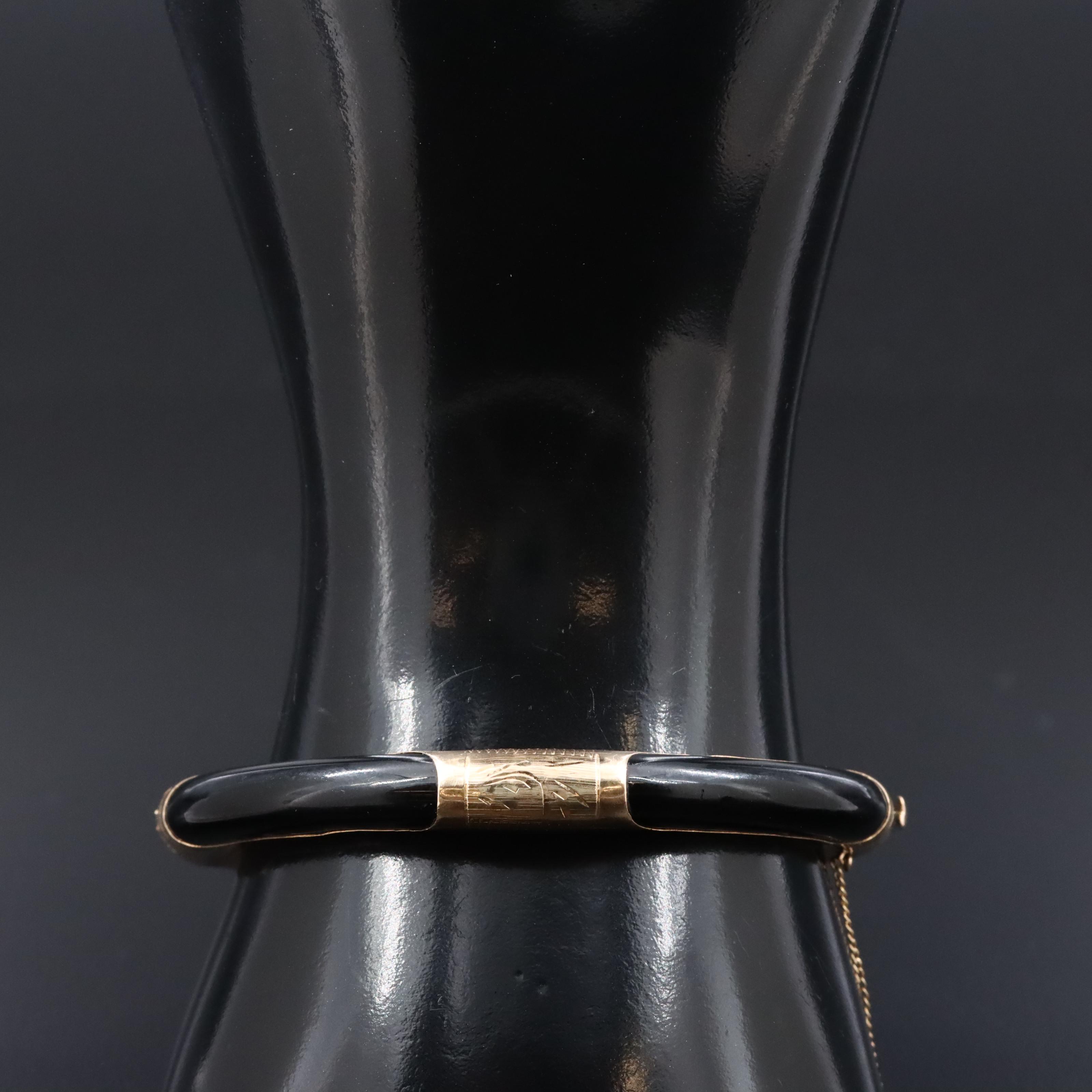 14K and Obsidian Hinged Bangle Bracelet