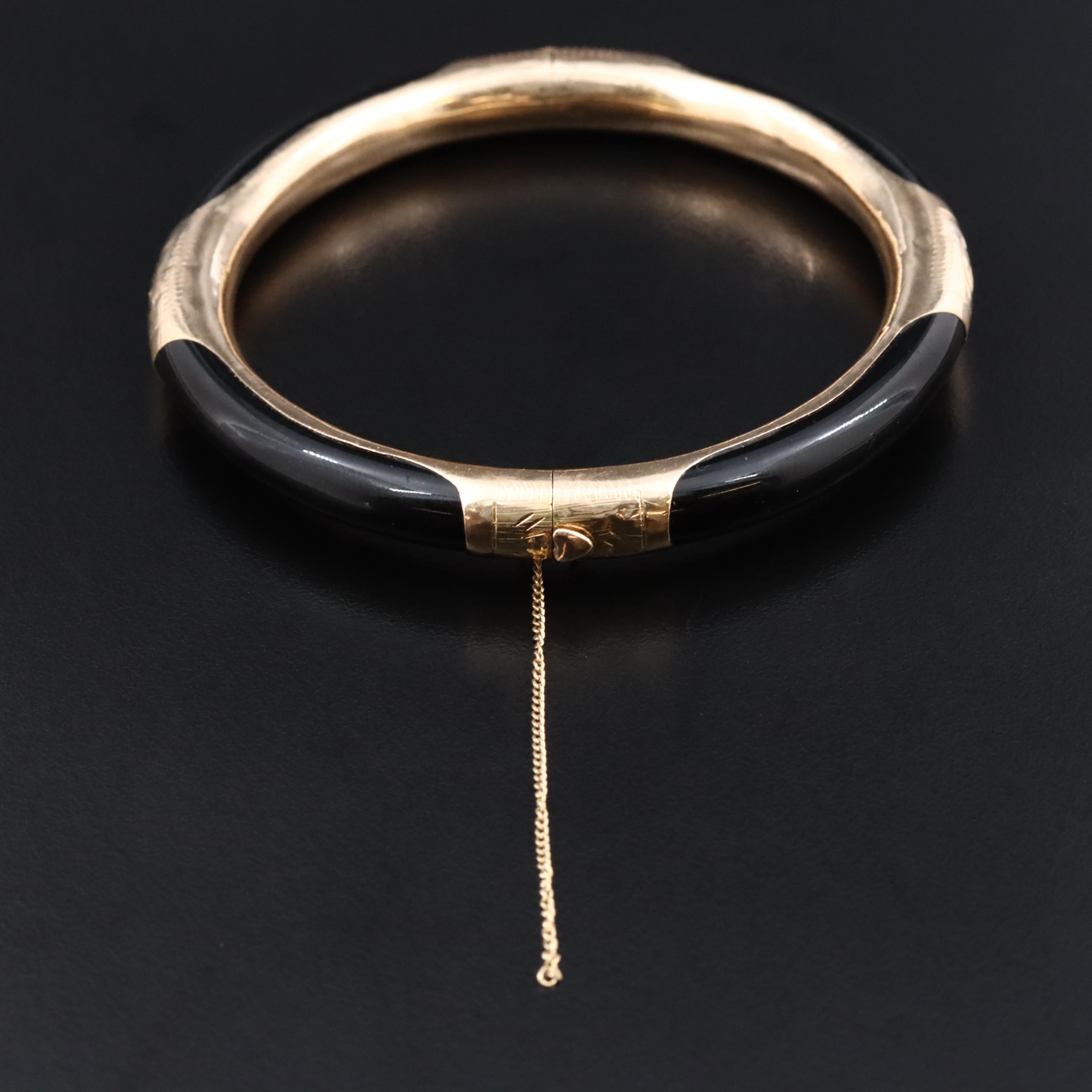 14K and Obsidian Hinged Bangle Bracelet