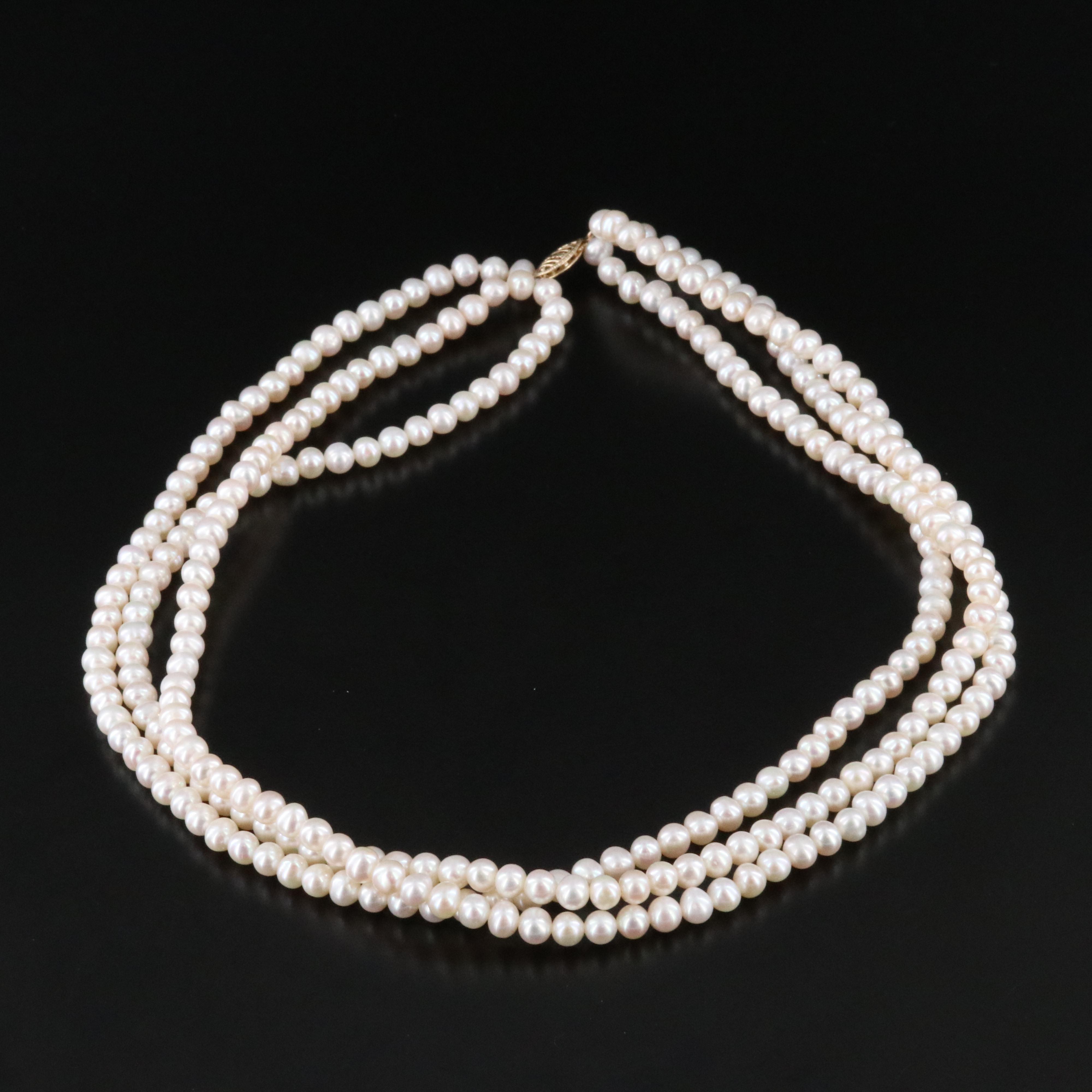 Triple Strand Pearl Necklace with 14K Clasp