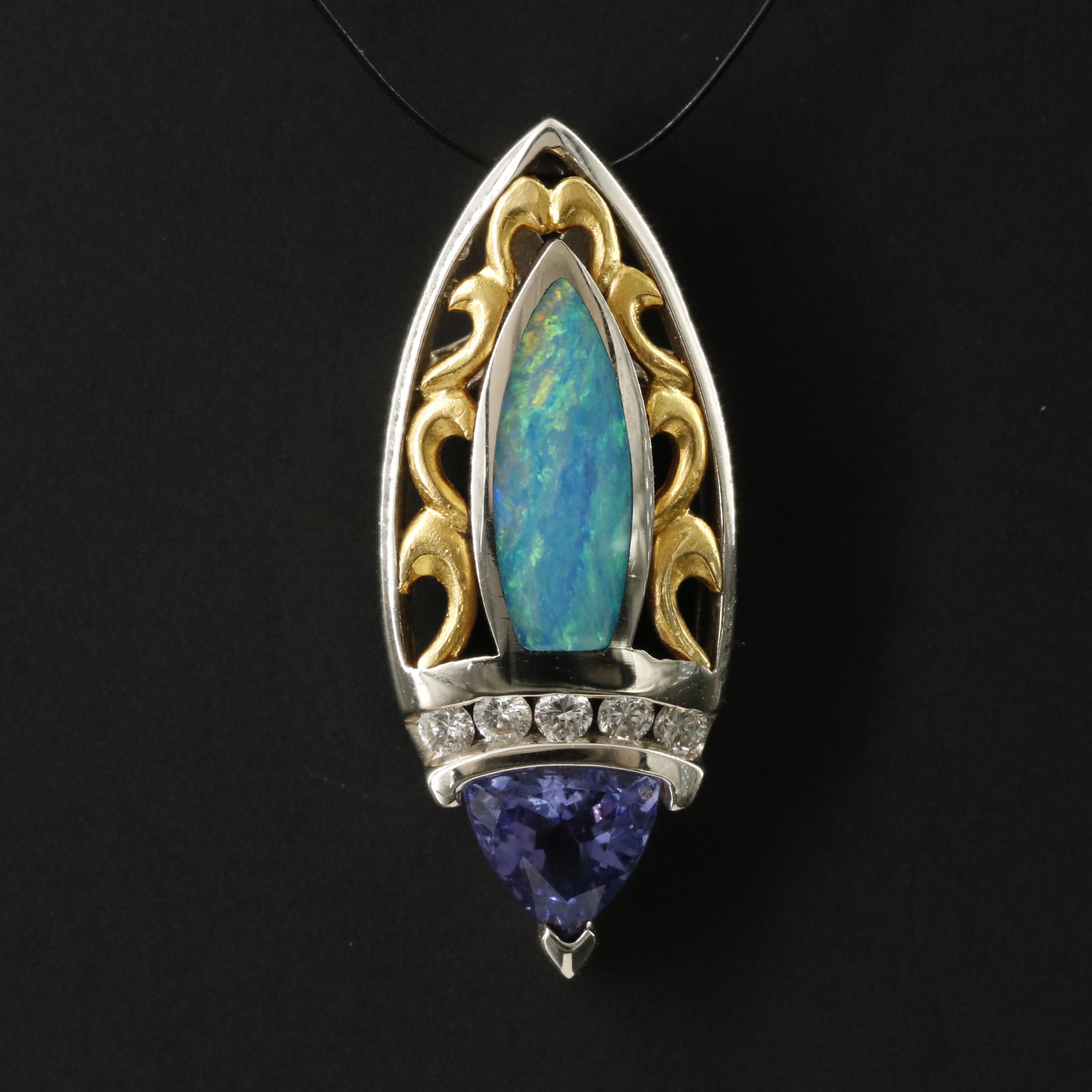 14K Opal Doublet, Tanzanite and Diamond Slide Pendant with 22K Accents