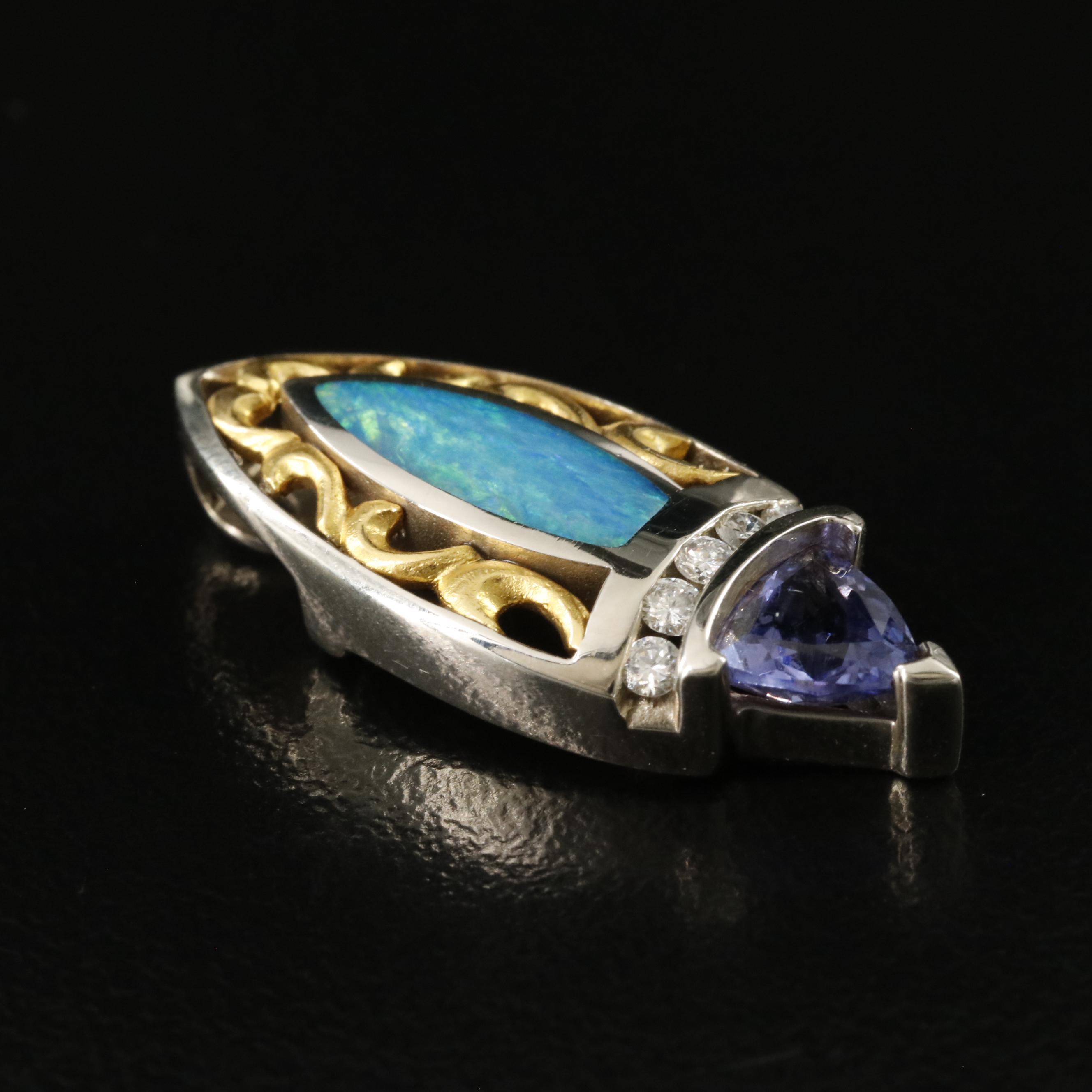 14K Opal Doublet, Tanzanite and Diamond Slide Pendant with 22K Accents