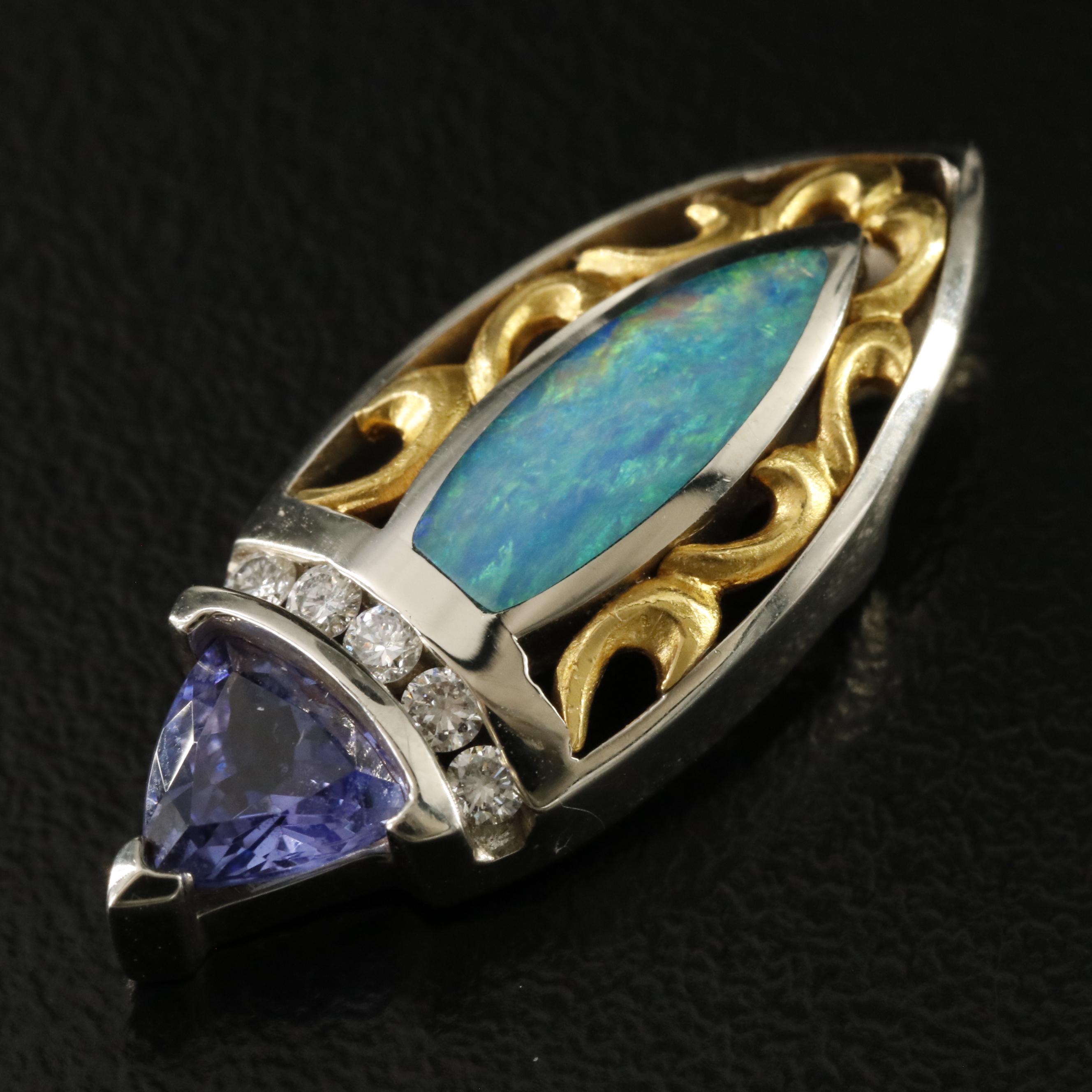 14K Opal Doublet, Tanzanite and Diamond Slide Pendant with 22K Accents