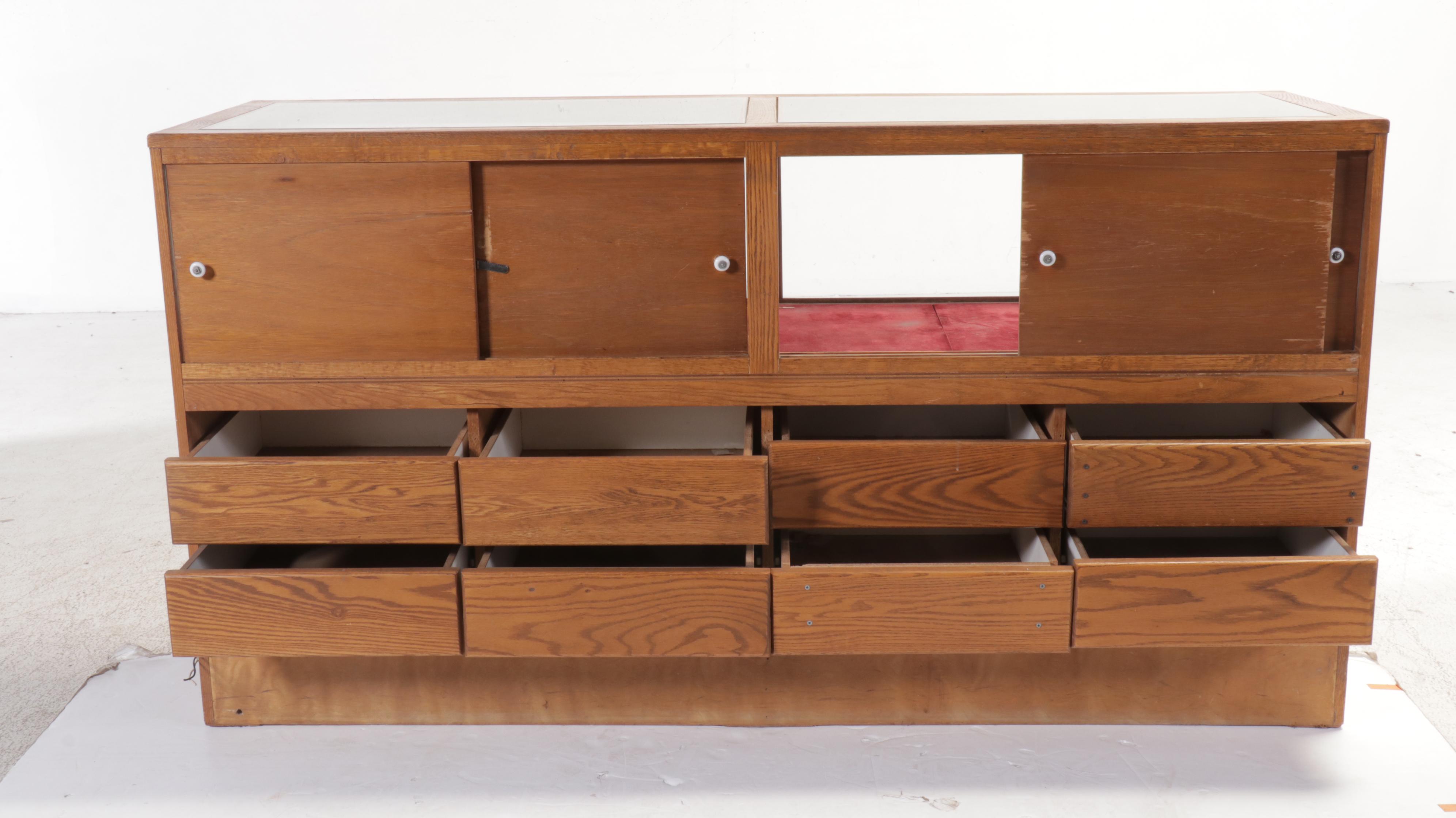 Mid Century Style Oak Glass Front Display Cabinet, Mid to Late 20th Century