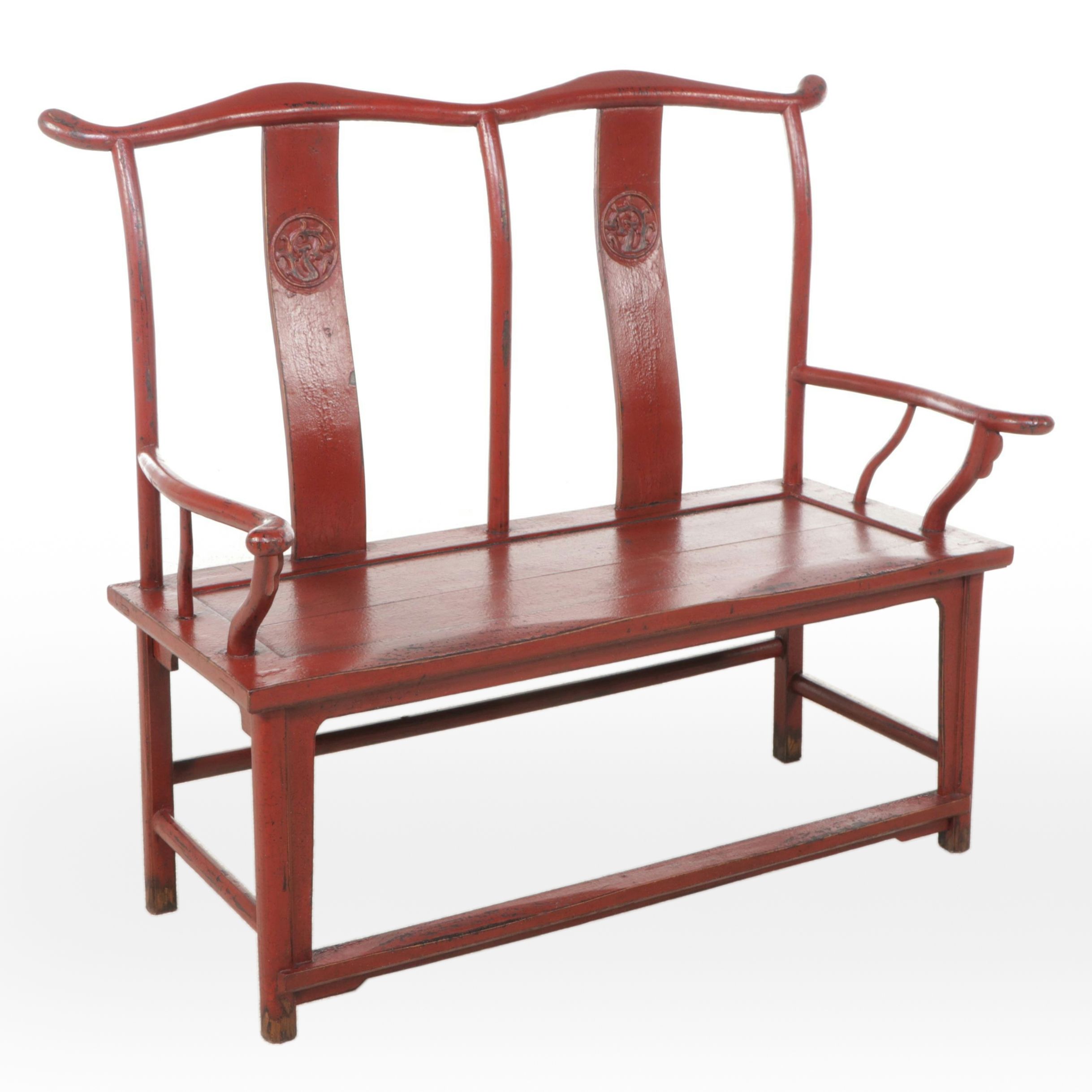 Chinese Red Lacquered Wooden Yoke Back Bench, 20th Century