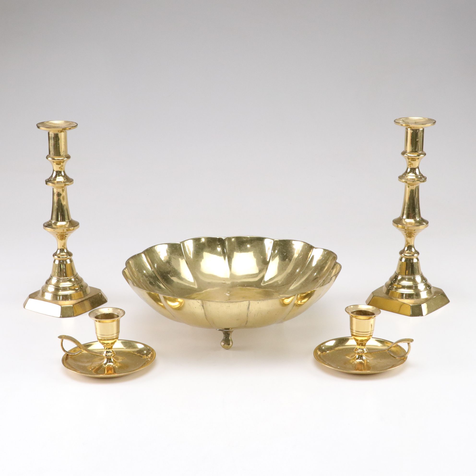 Brass Footed Bowl and Candlesticks, Late 20th Century