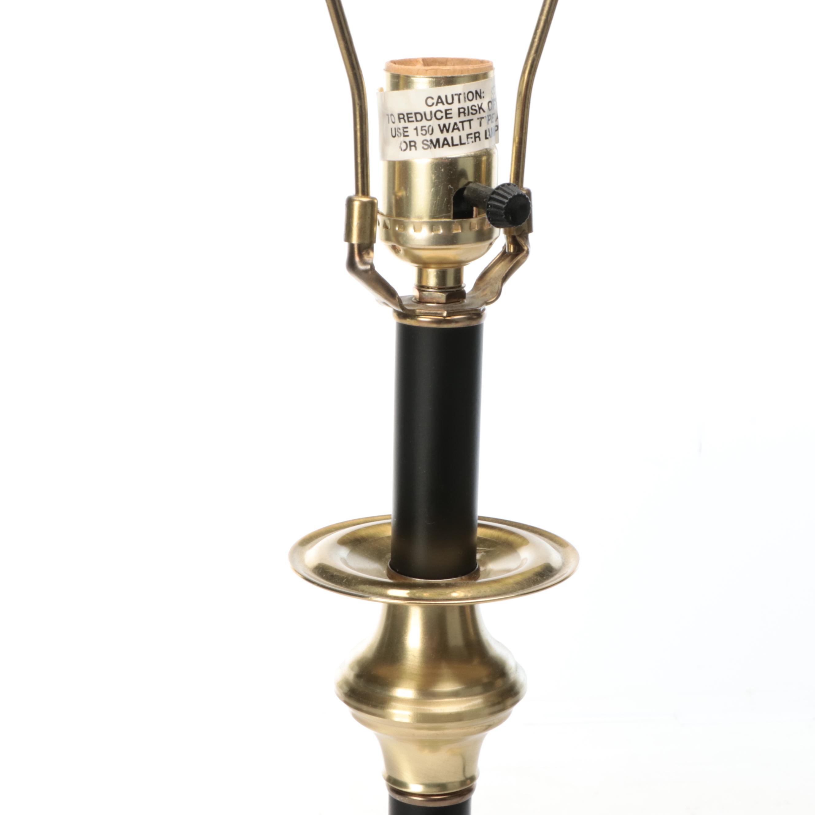 Pair of Black Acrylic and Buffed Brass Console Candlestick Lamps