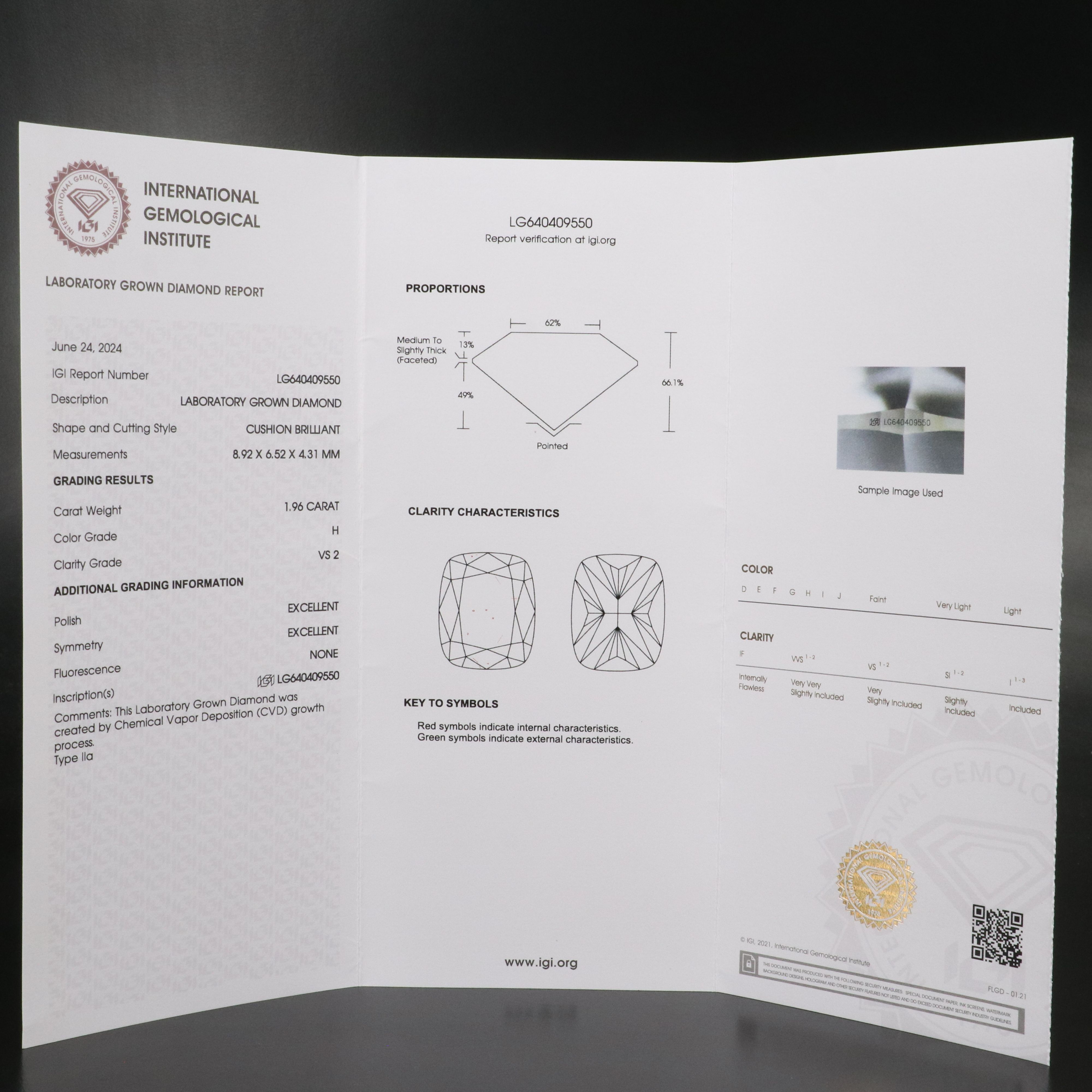 Loose 1.96 CT Lab Grown Diamond with IGI Report