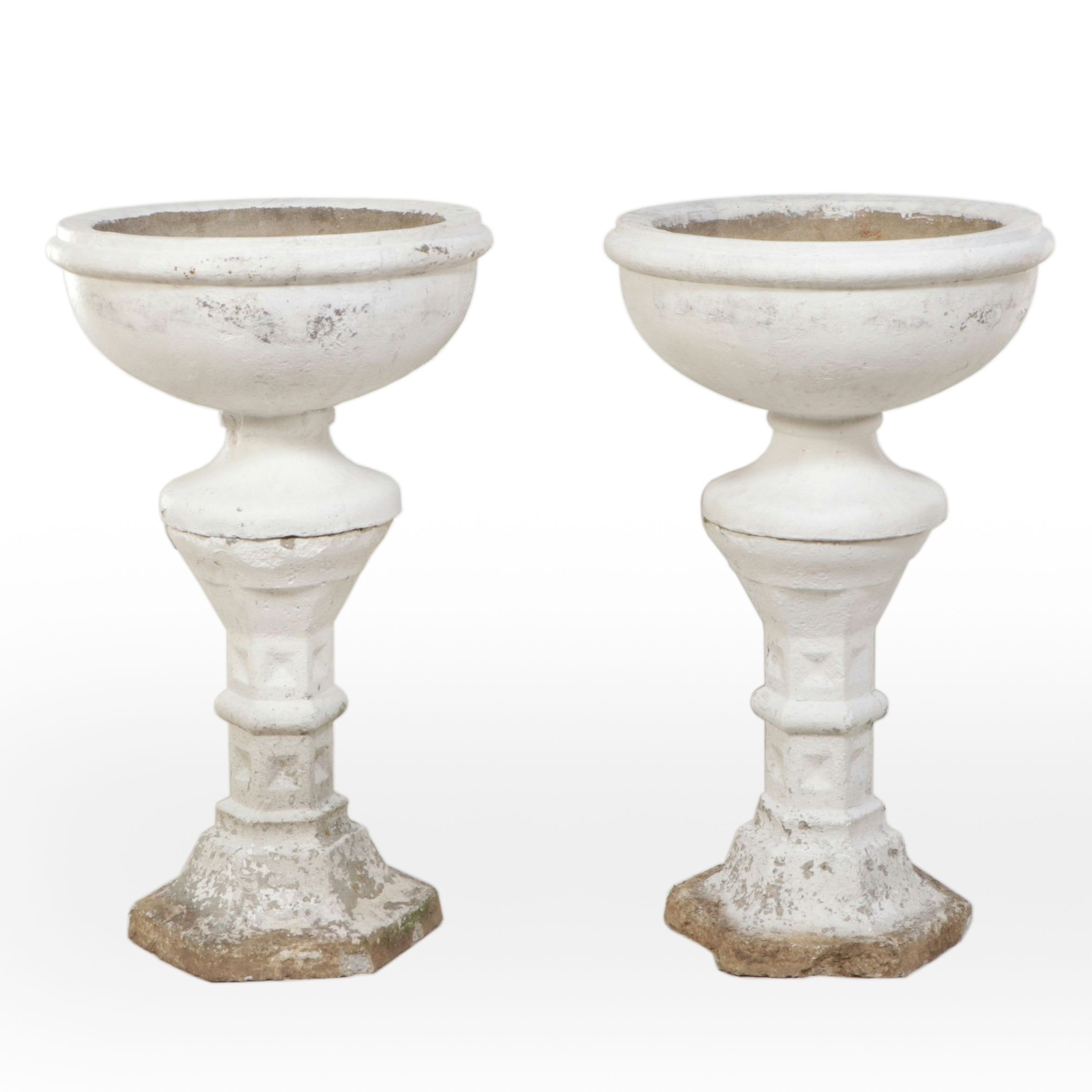 Pair of Cast Concrete Low Bowl Planters with Hexagonal Stands