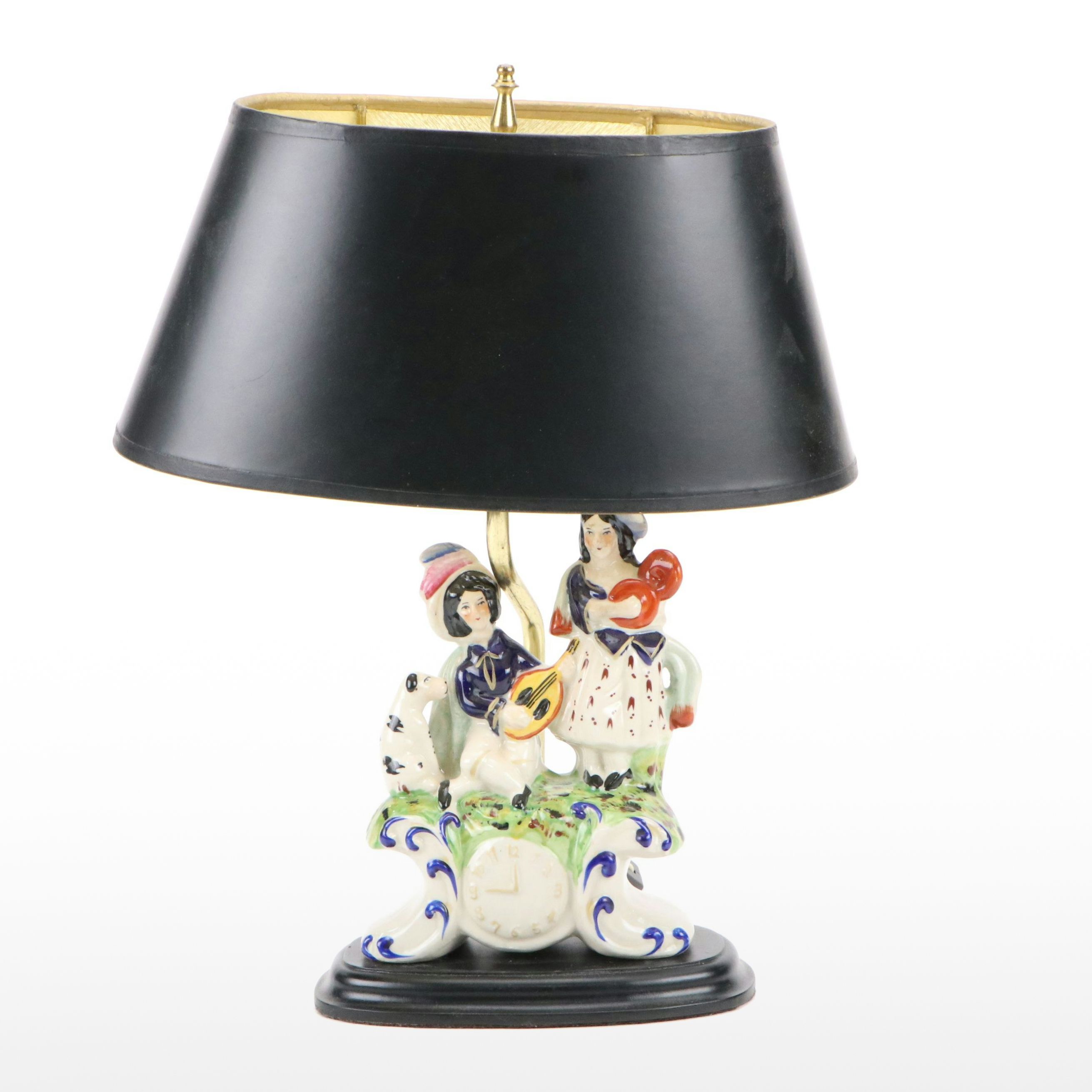 Staffordshire Troubadours and Dog  Faux Clock Converted to Table Lamp