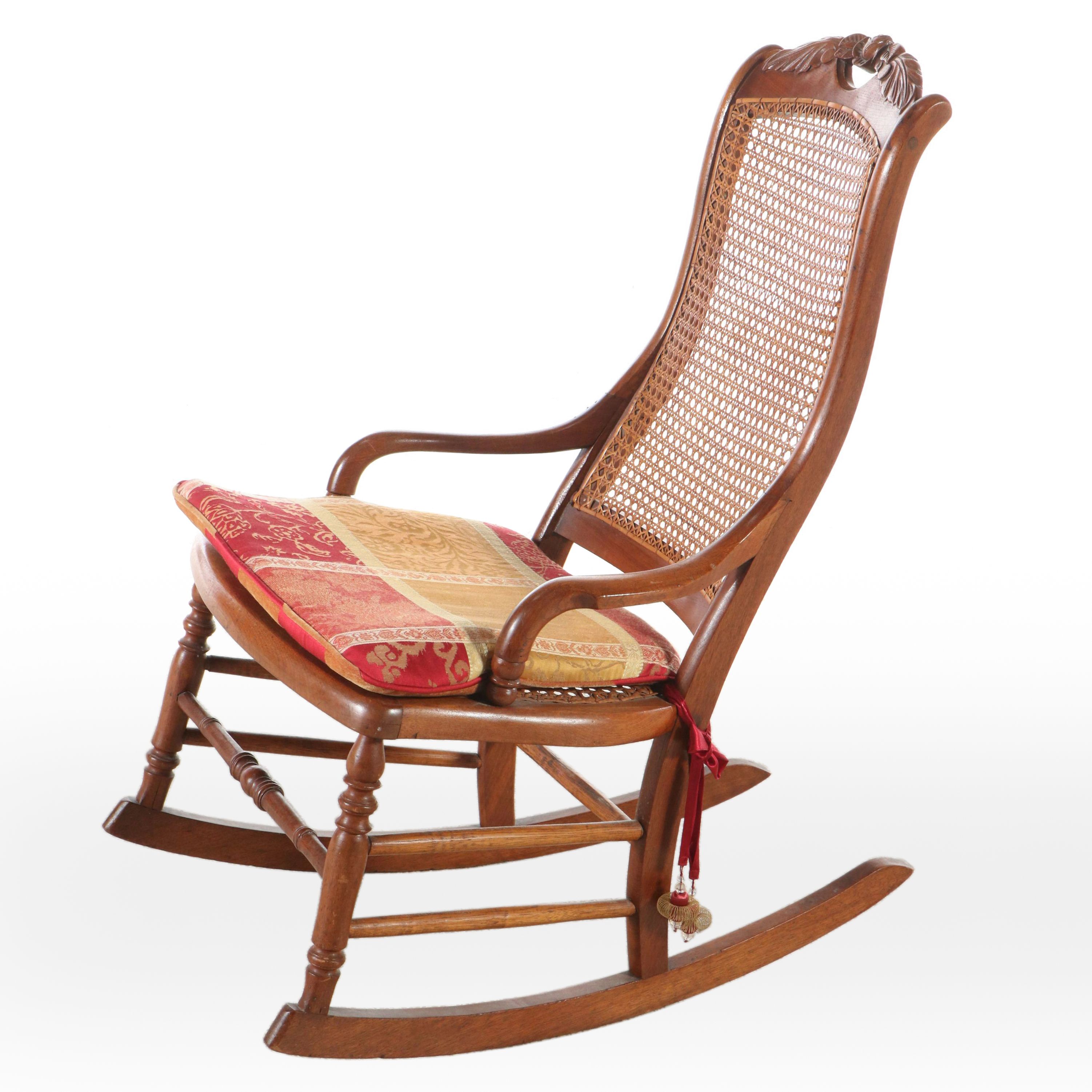 Victorian Carved Walnut Rocking Chair with Rattan Back and Seat