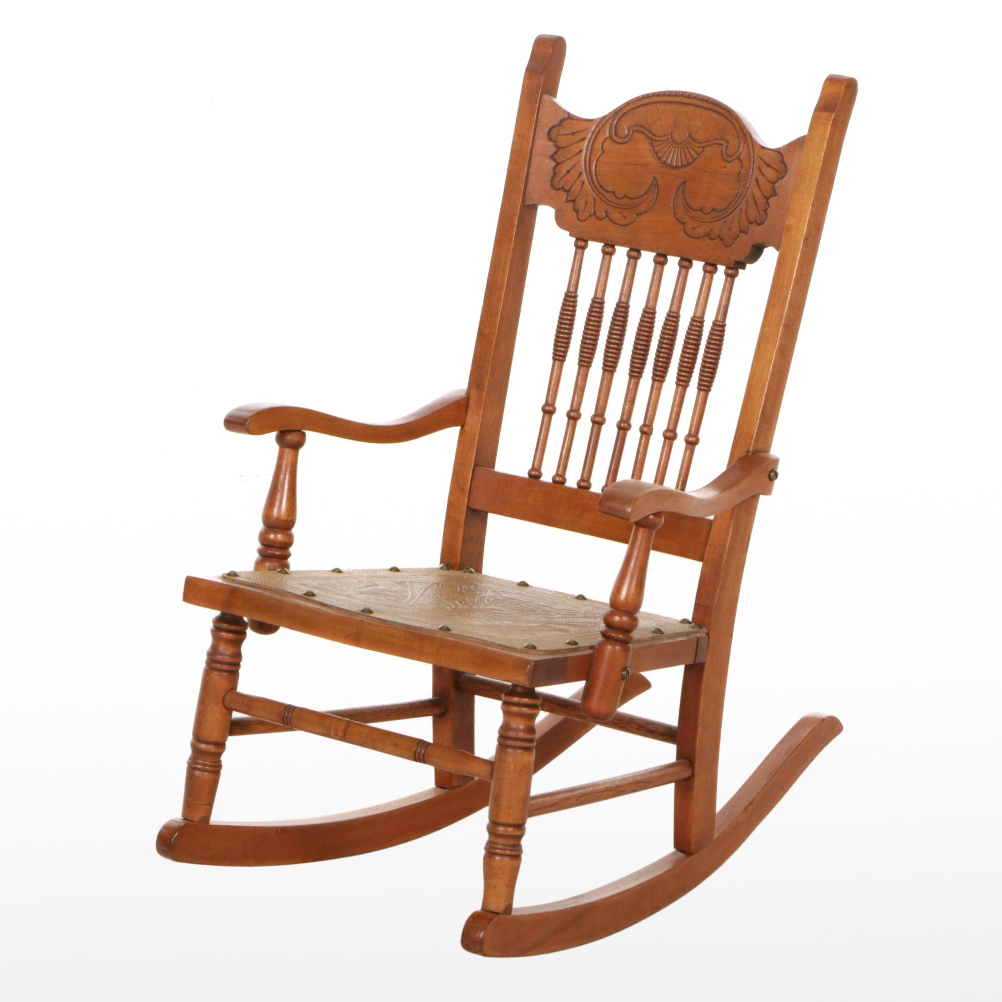 Press-Back Wood Child's Rocking Chair with Embossed Leather Seat