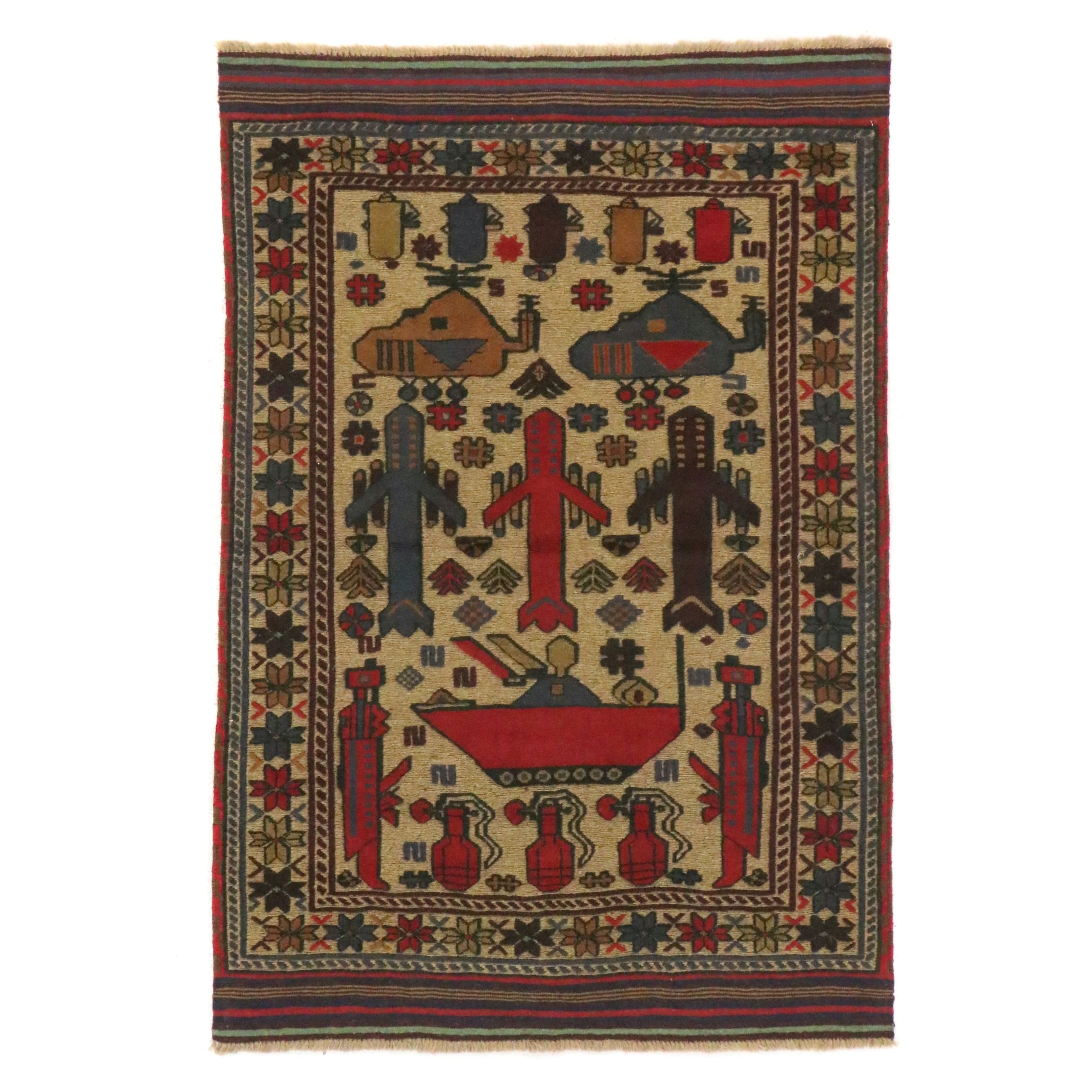 4'1 x 6'1 Handwoven Afghan Mixed Technique Pictorial War Area Rug