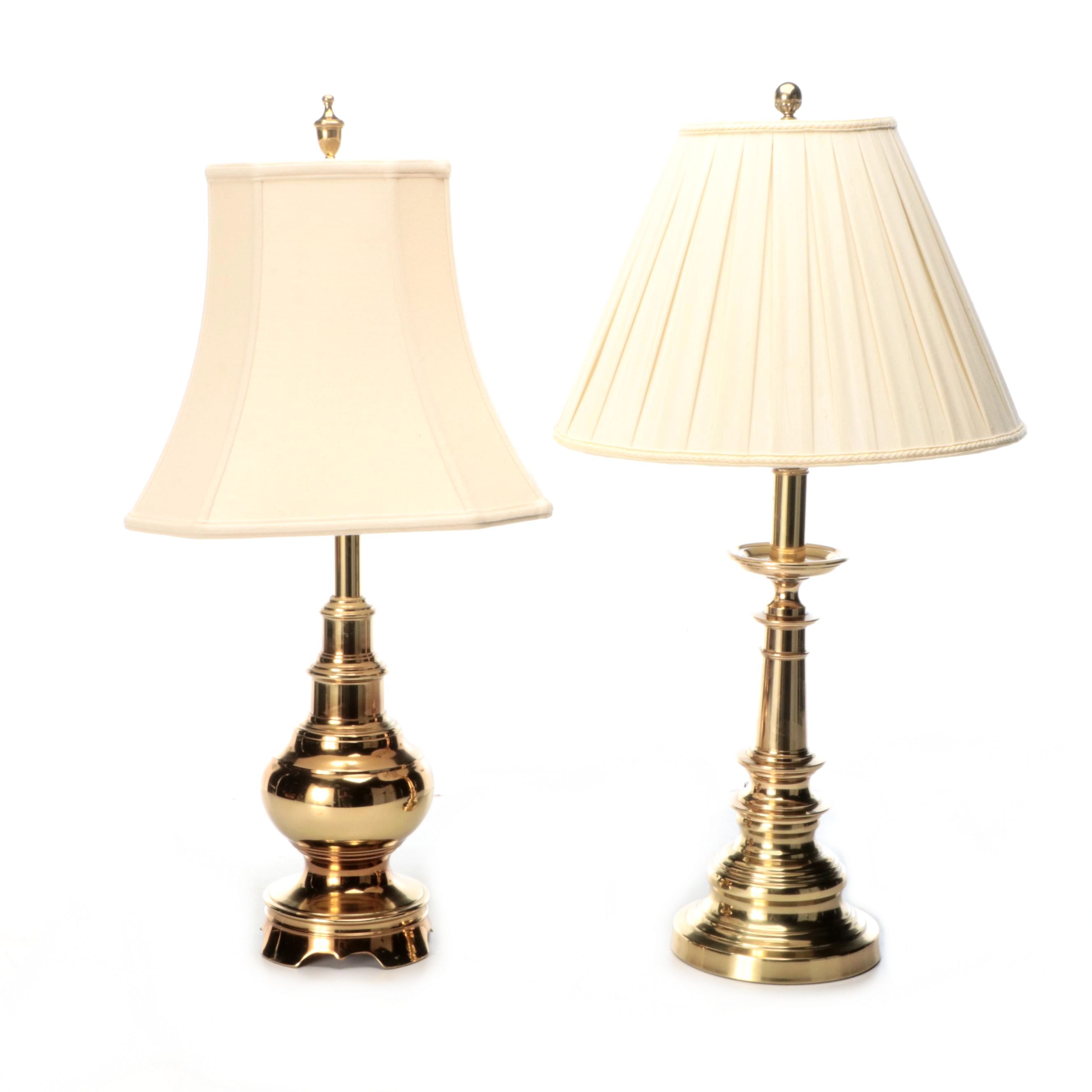 Spun Brass Table Lamps with Silk Bell and Pleated Shades