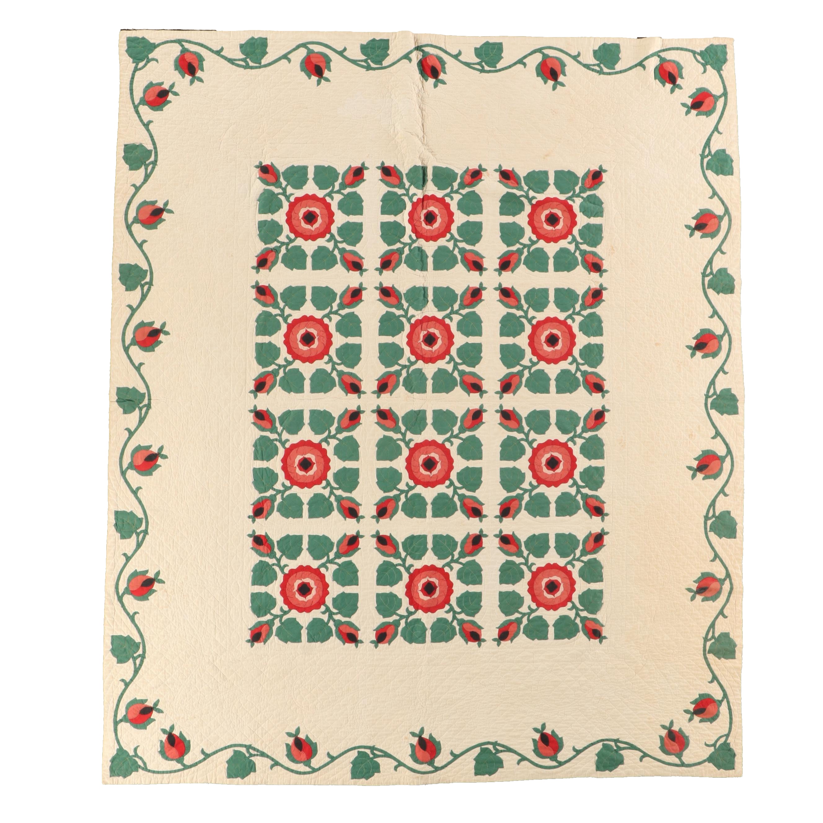 Hand-Pieced "Rose of Sharon" Applique on Whole Cloth Quilt