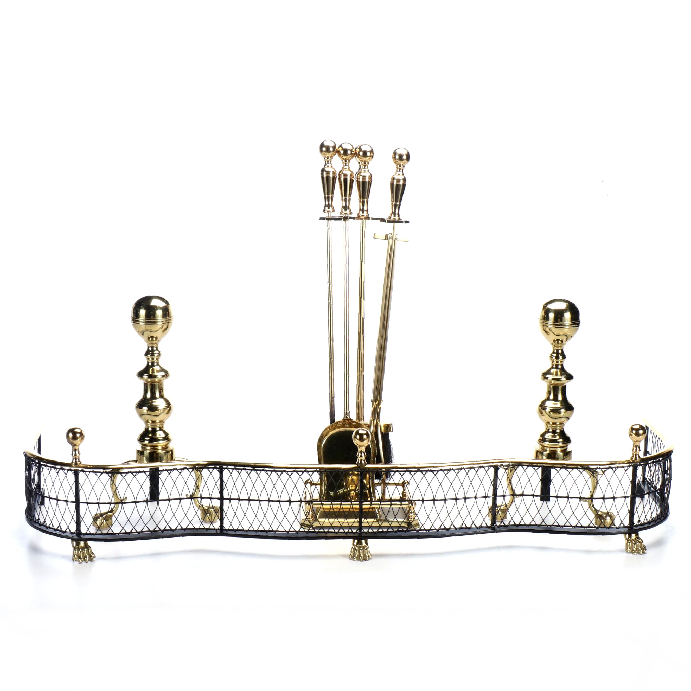 Federal Style Brass Cannonball Fireplace Fender, Andirons, and Tool Set