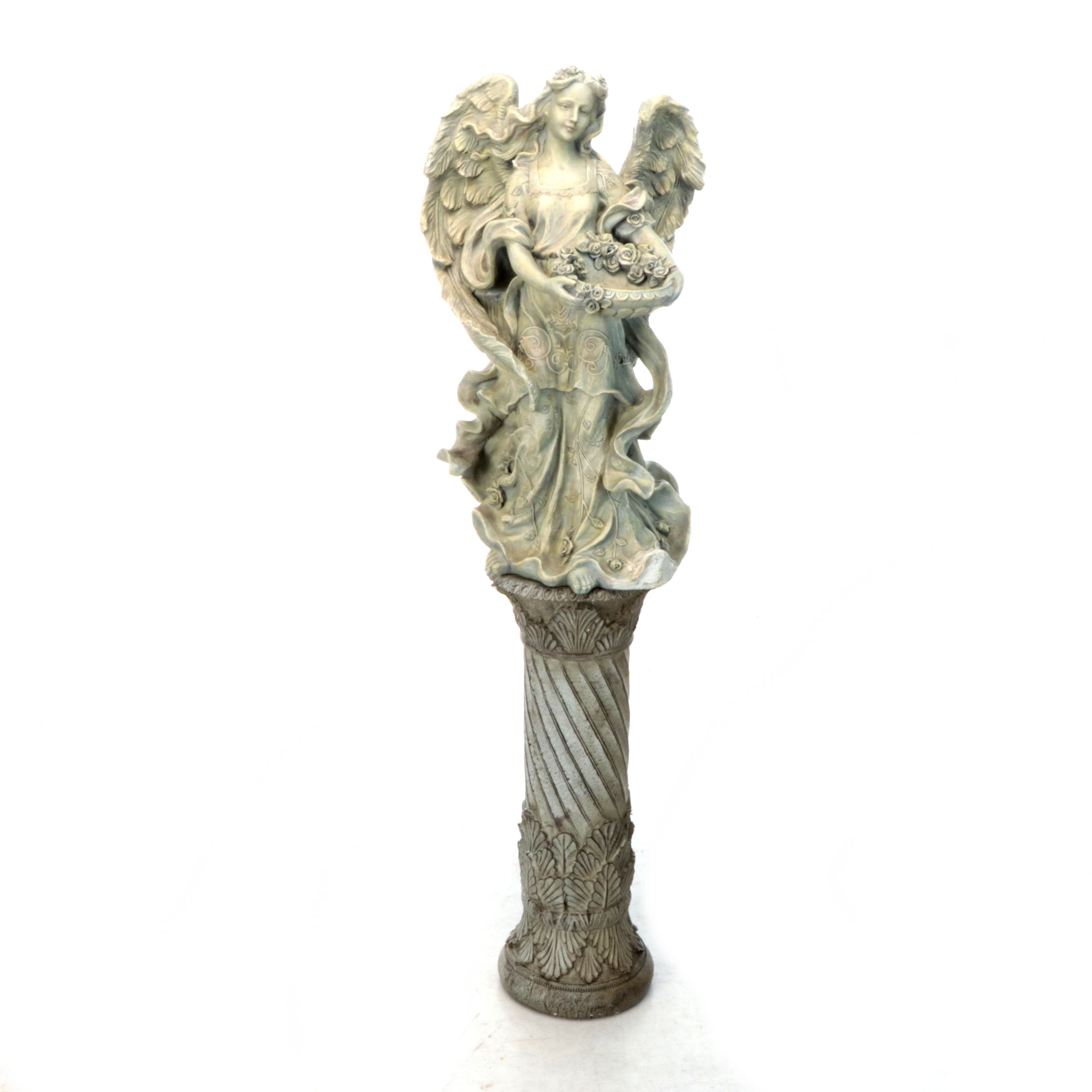 Figural Angel with Basket Bird Feeder on Columnar Plinth