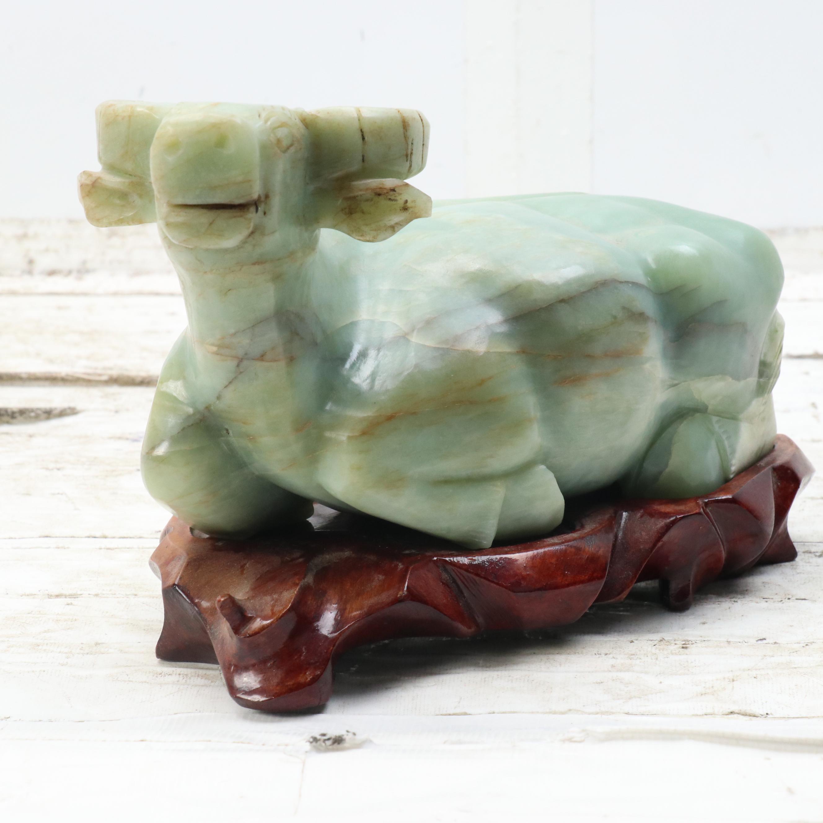 Chinese Carved Serpentine Water Buffalo Sculpture on Carved Wood Plinth
