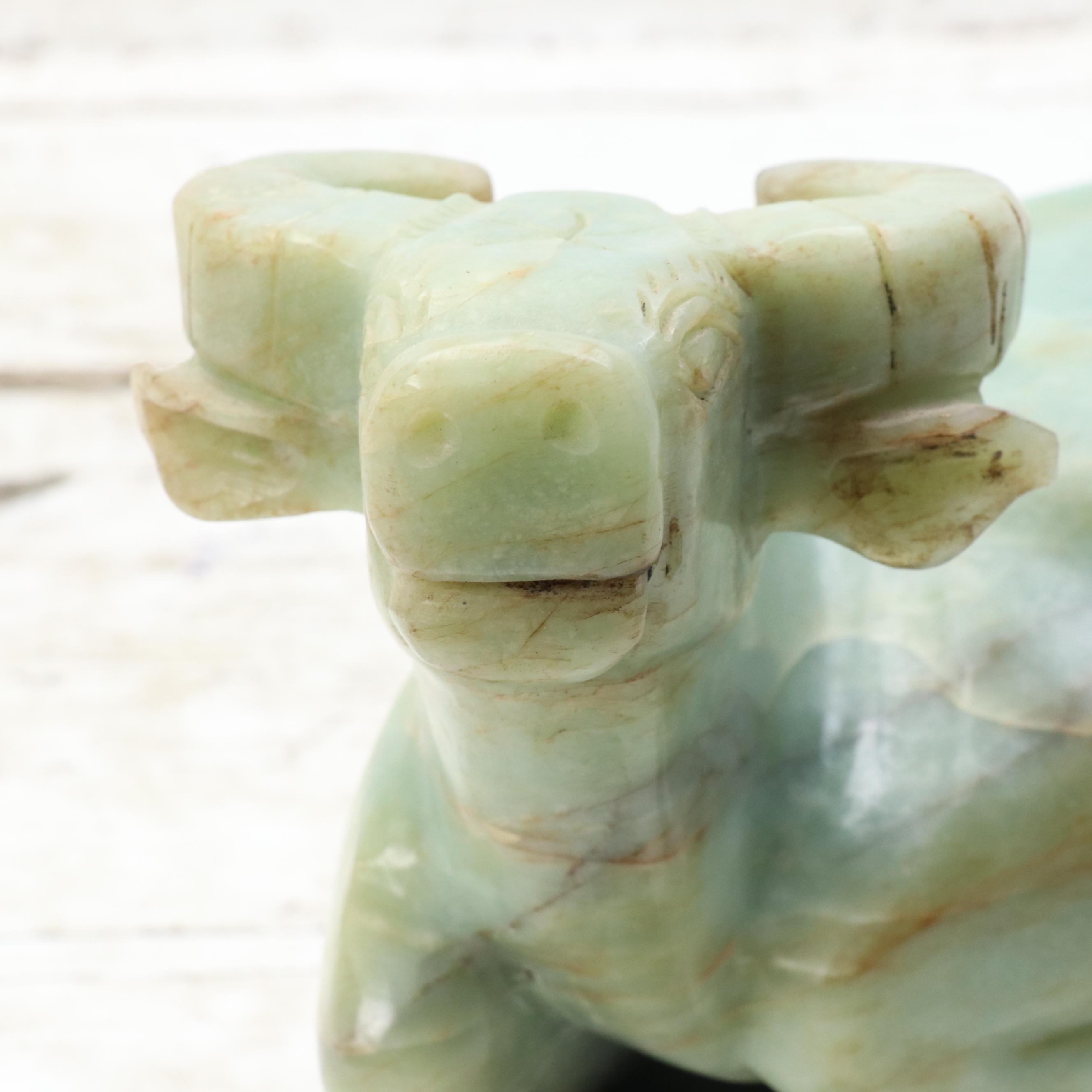 Chinese Carved Serpentine Water Buffalo Sculpture on Carved Wood Plinth