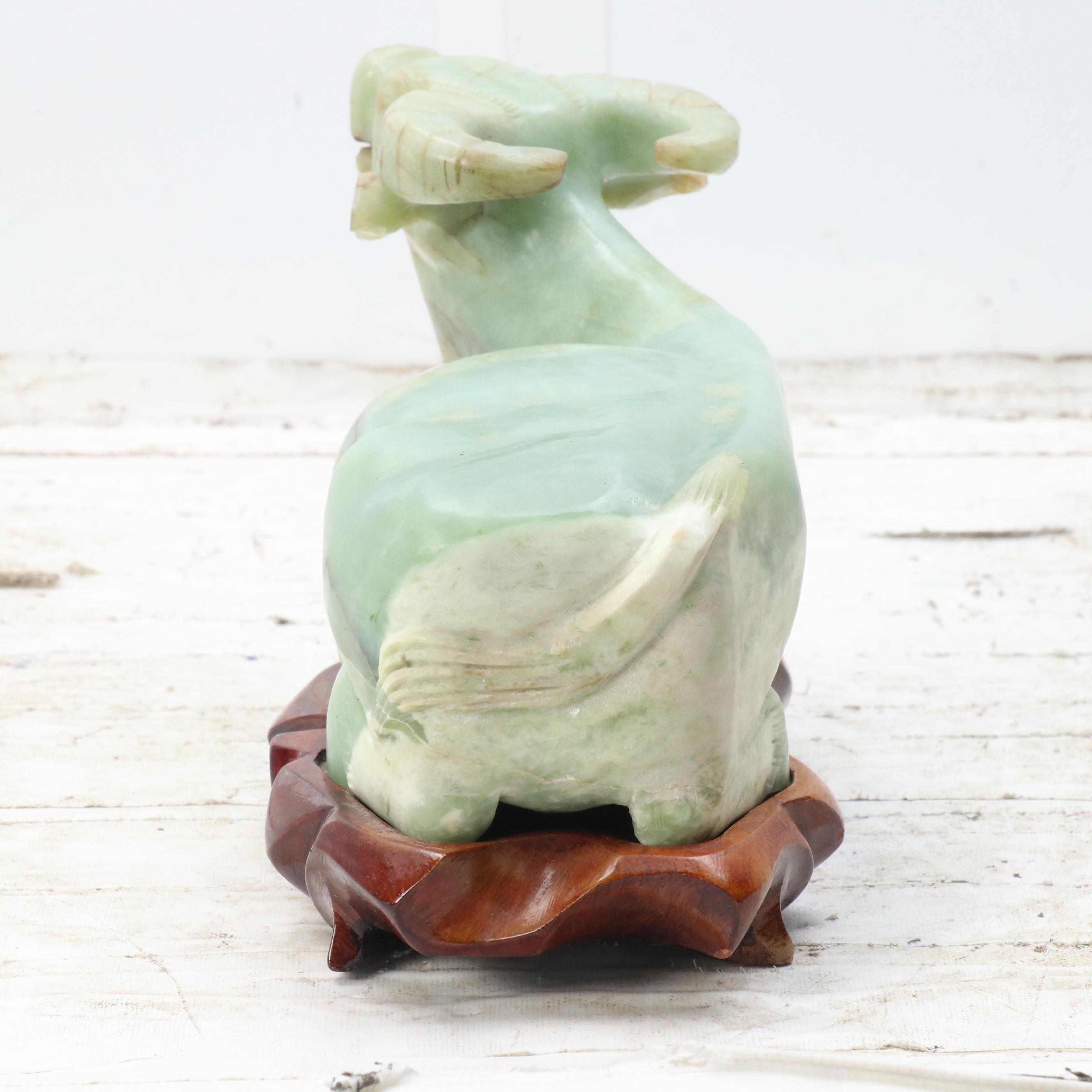 Chinese Carved Serpentine Water Buffalo Sculpture on Carved Wood Plinth