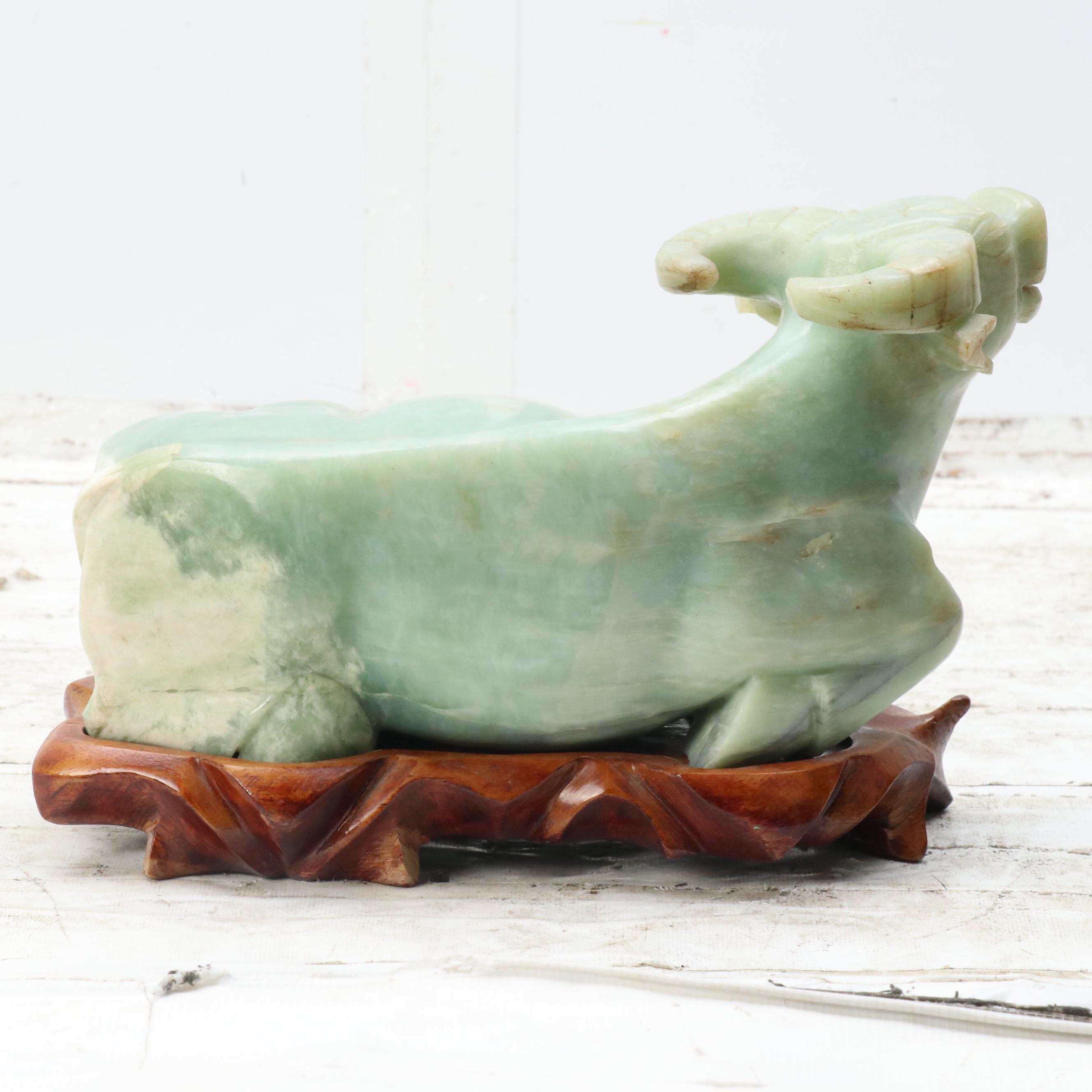 Chinese Carved Serpentine Water Buffalo Sculpture on Carved Wood Plinth