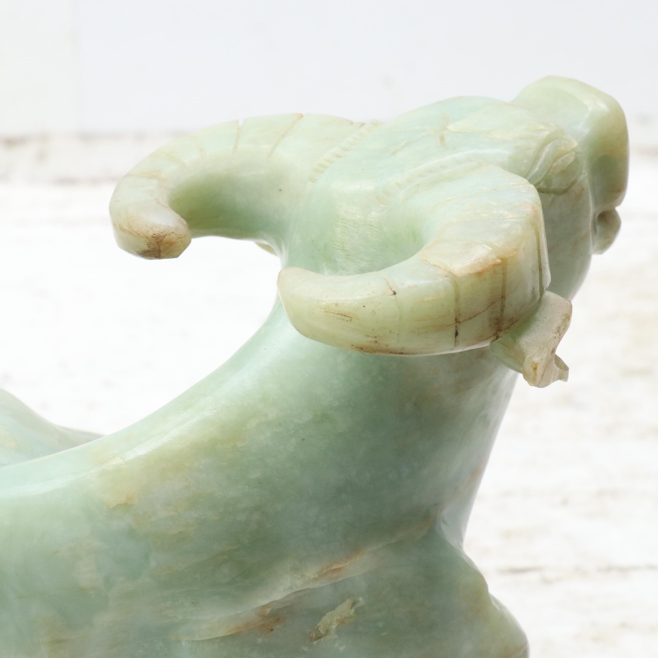 Chinese Carved Serpentine Water Buffalo Sculpture on Carved Wood Plinth