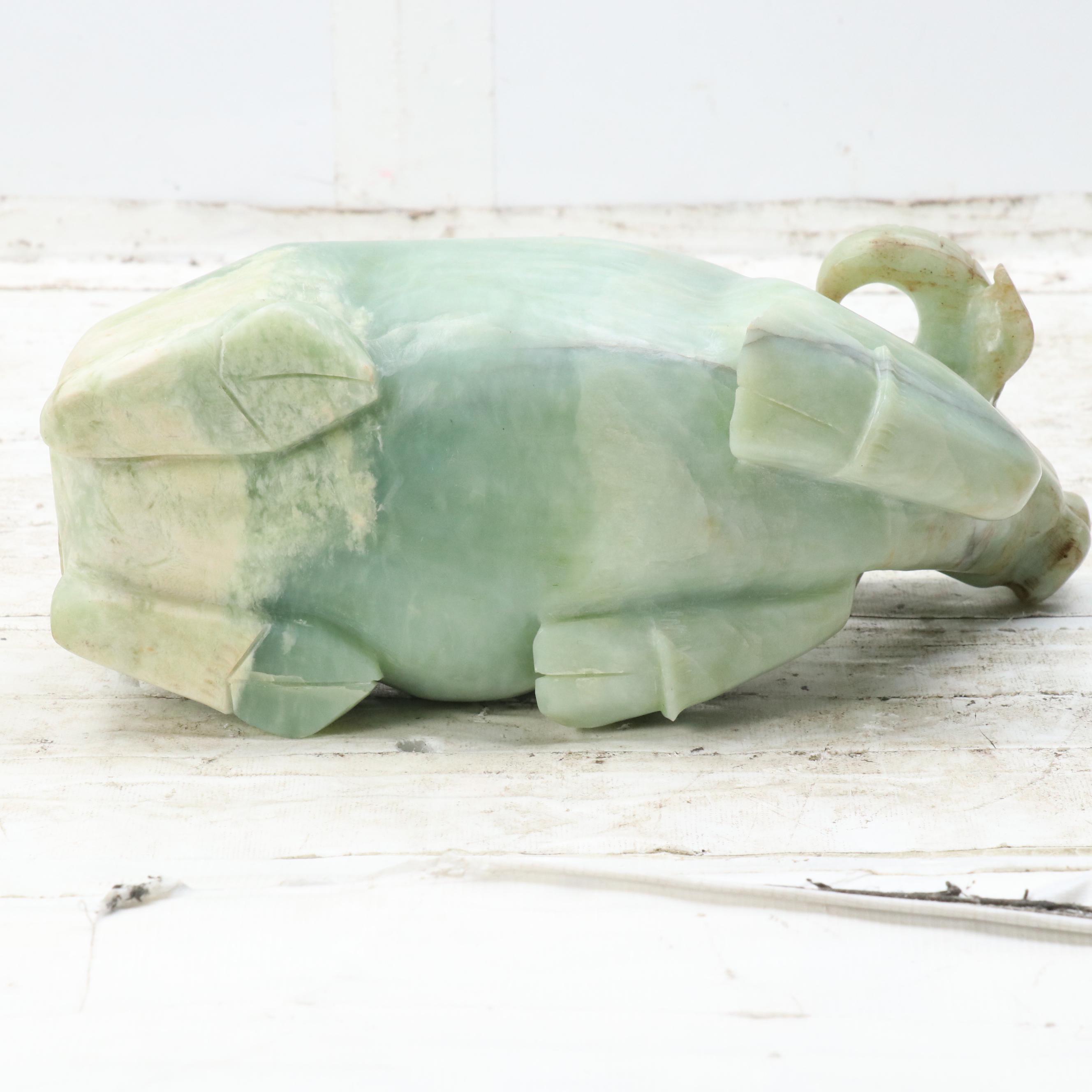 Chinese Carved Serpentine Water Buffalo Sculpture on Carved Wood Plinth