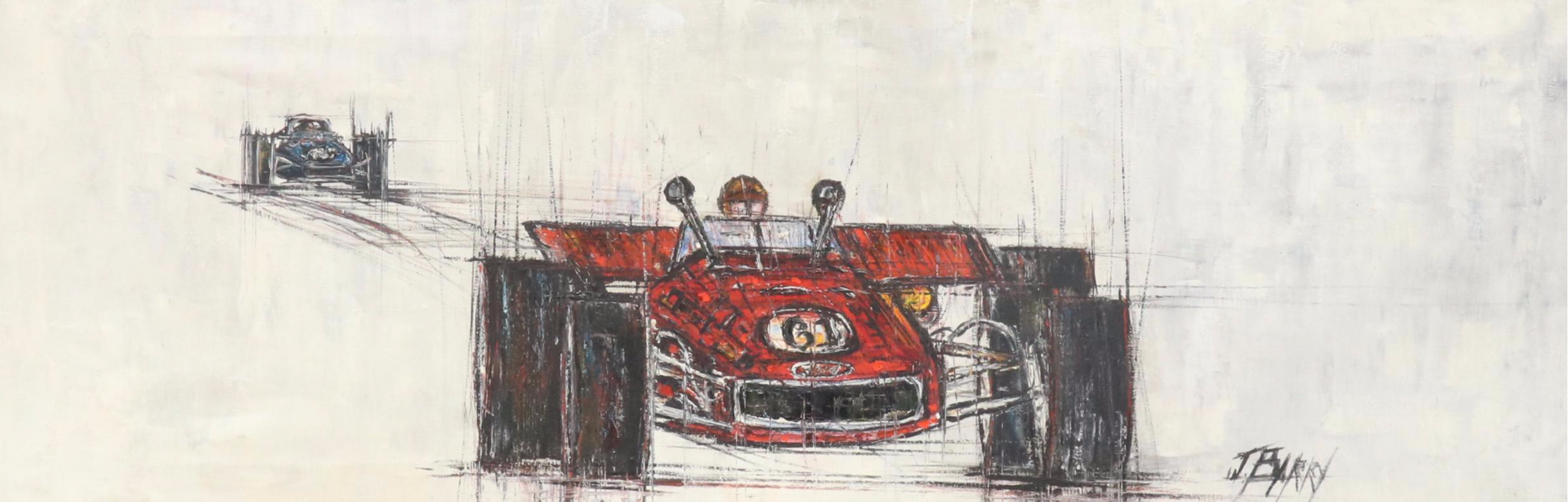 F. Barry Modernist Style Acrylic Painting of Formula 1 Racecars