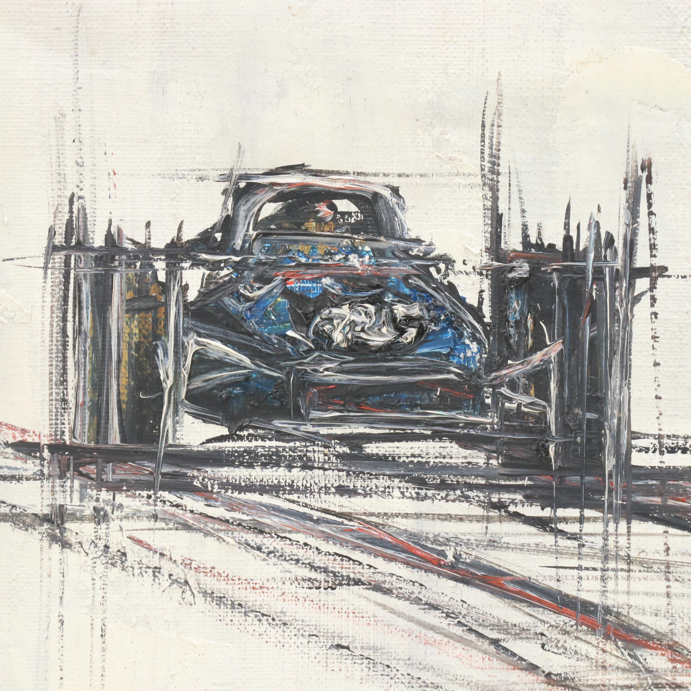 F. Barry Modernist Style Acrylic Painting of Formula 1 Racecars