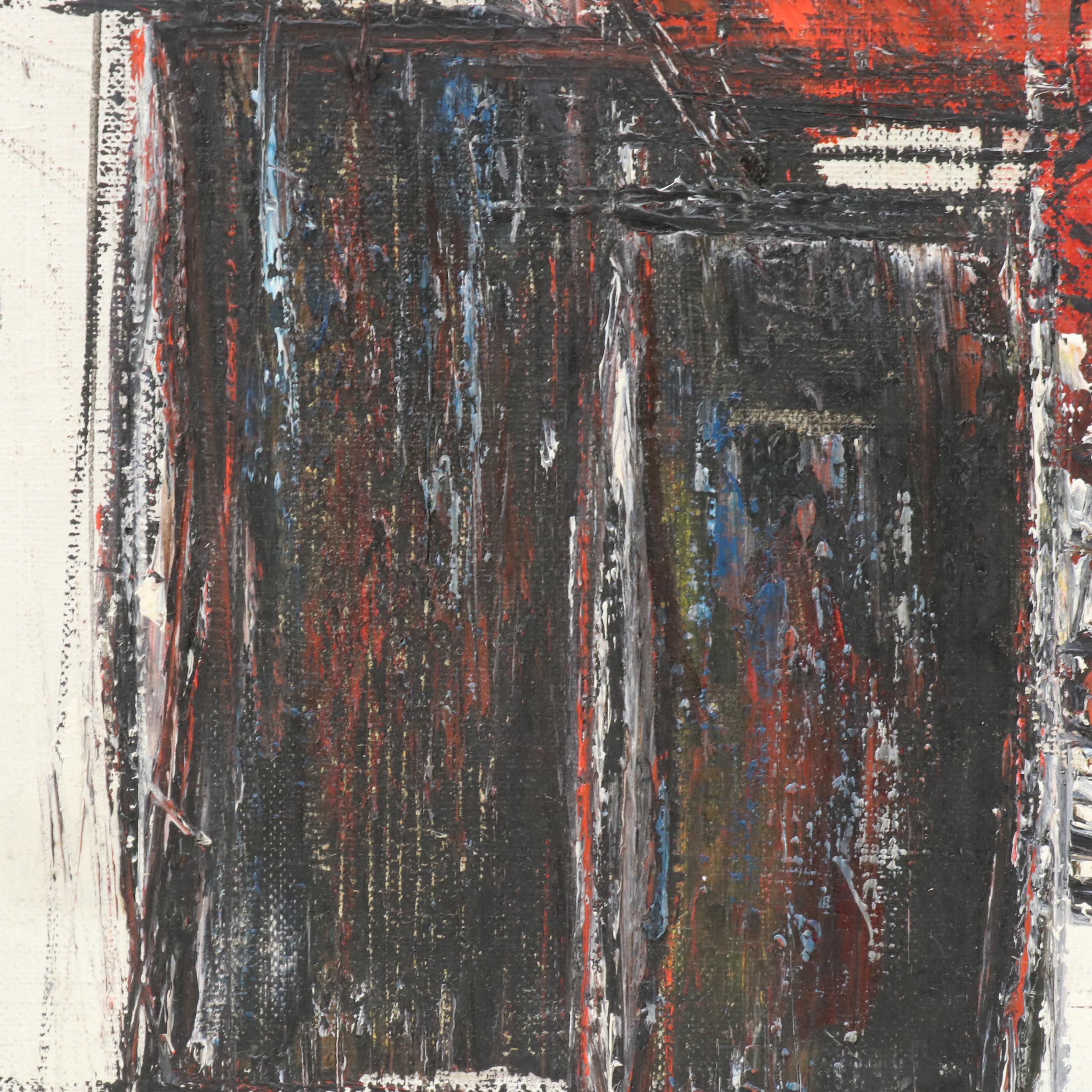 F. Barry Modernist Style Acrylic Painting of Formula 1 Racecars