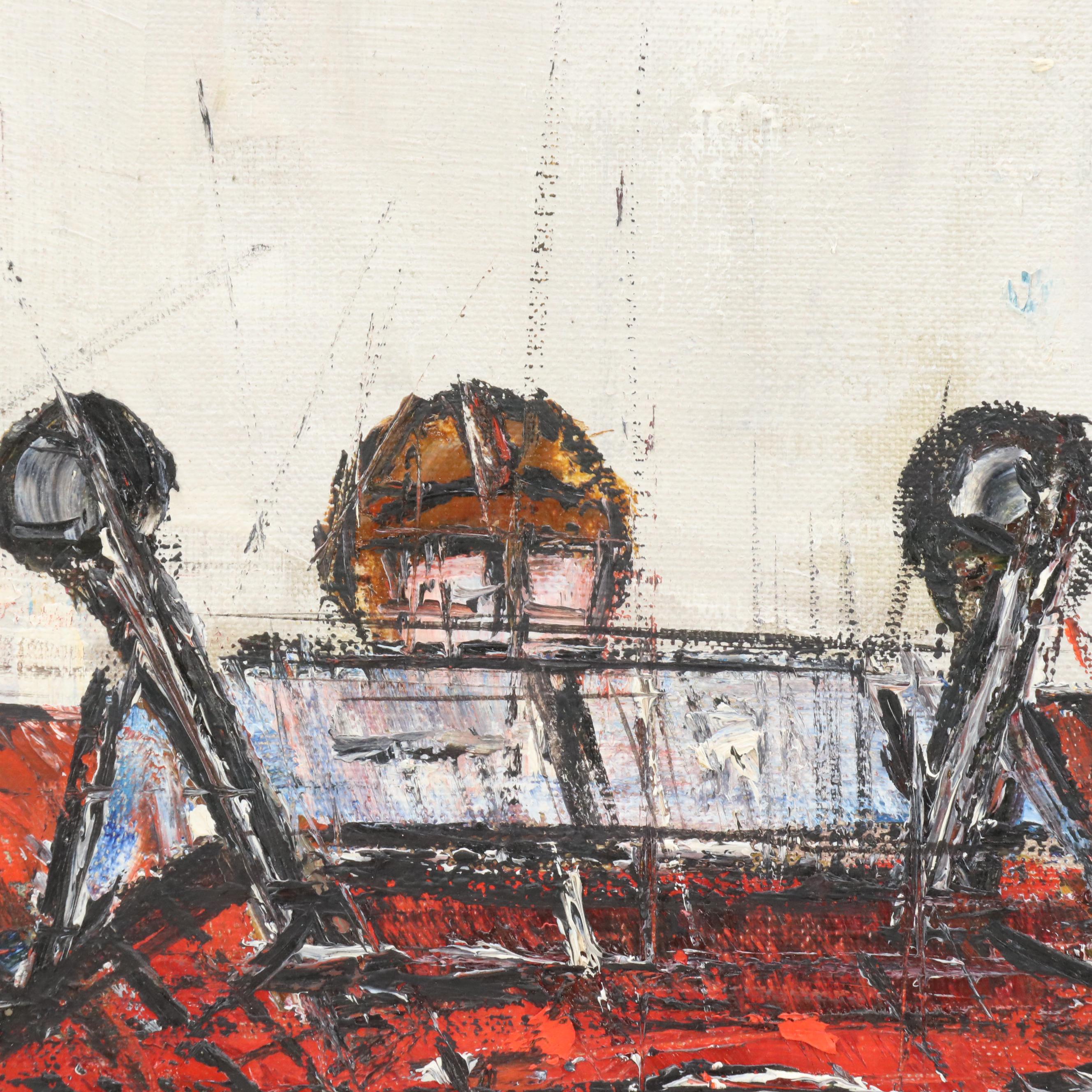 F. Barry Modernist Style Acrylic Painting of Formula 1 Racecars