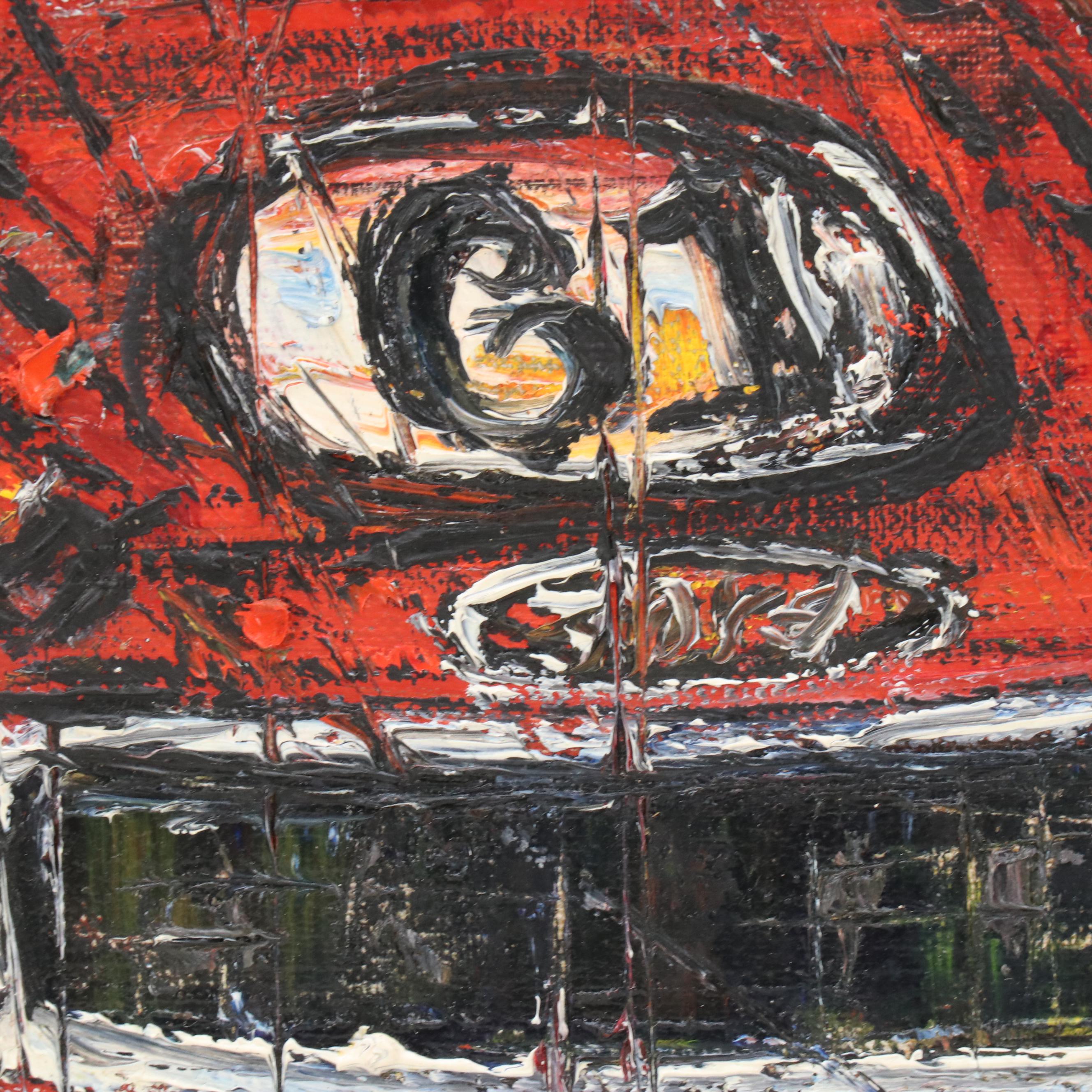 F. Barry Modernist Style Acrylic Painting of Formula 1 Racecars