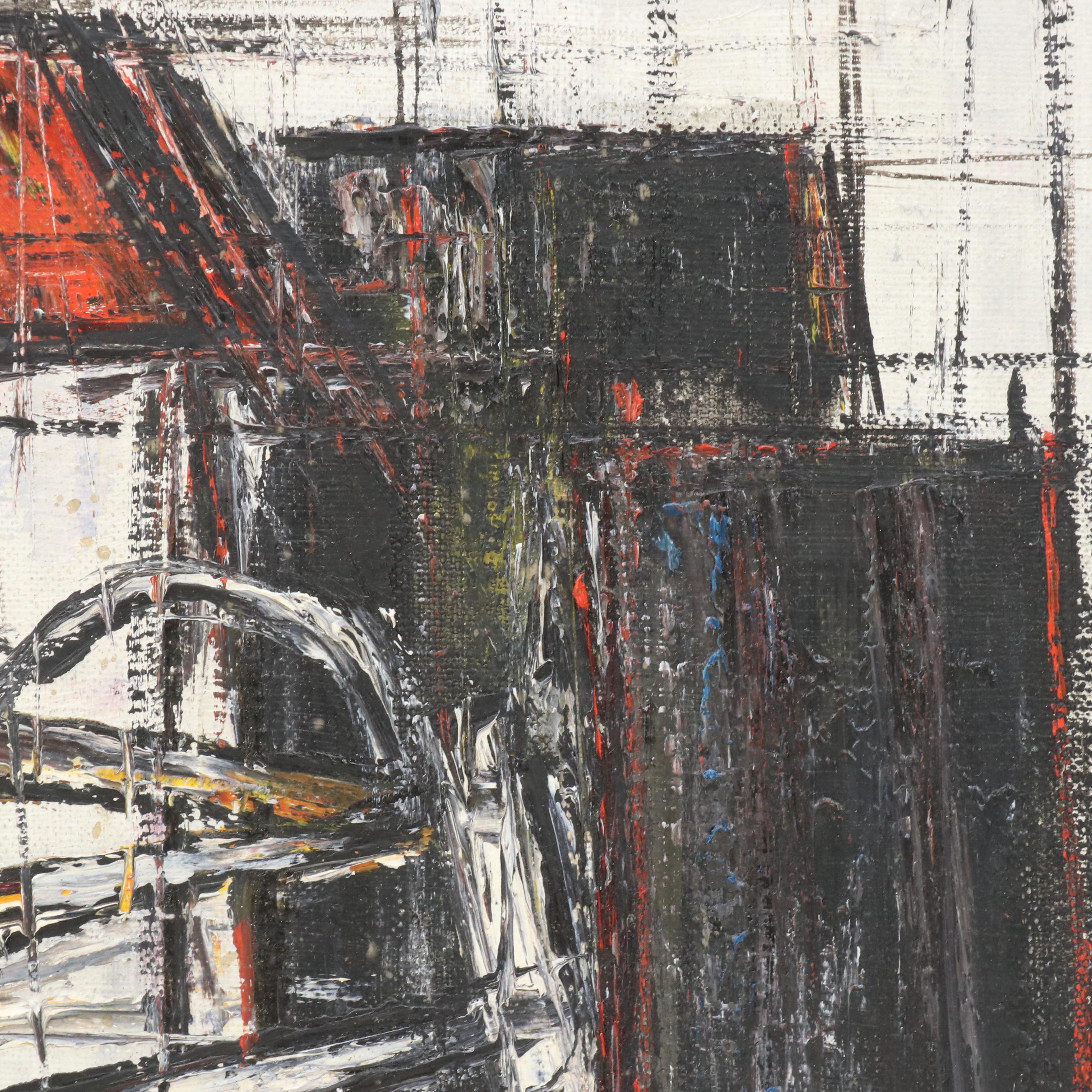 F. Barry Modernist Style Acrylic Painting of Formula 1 Racecars