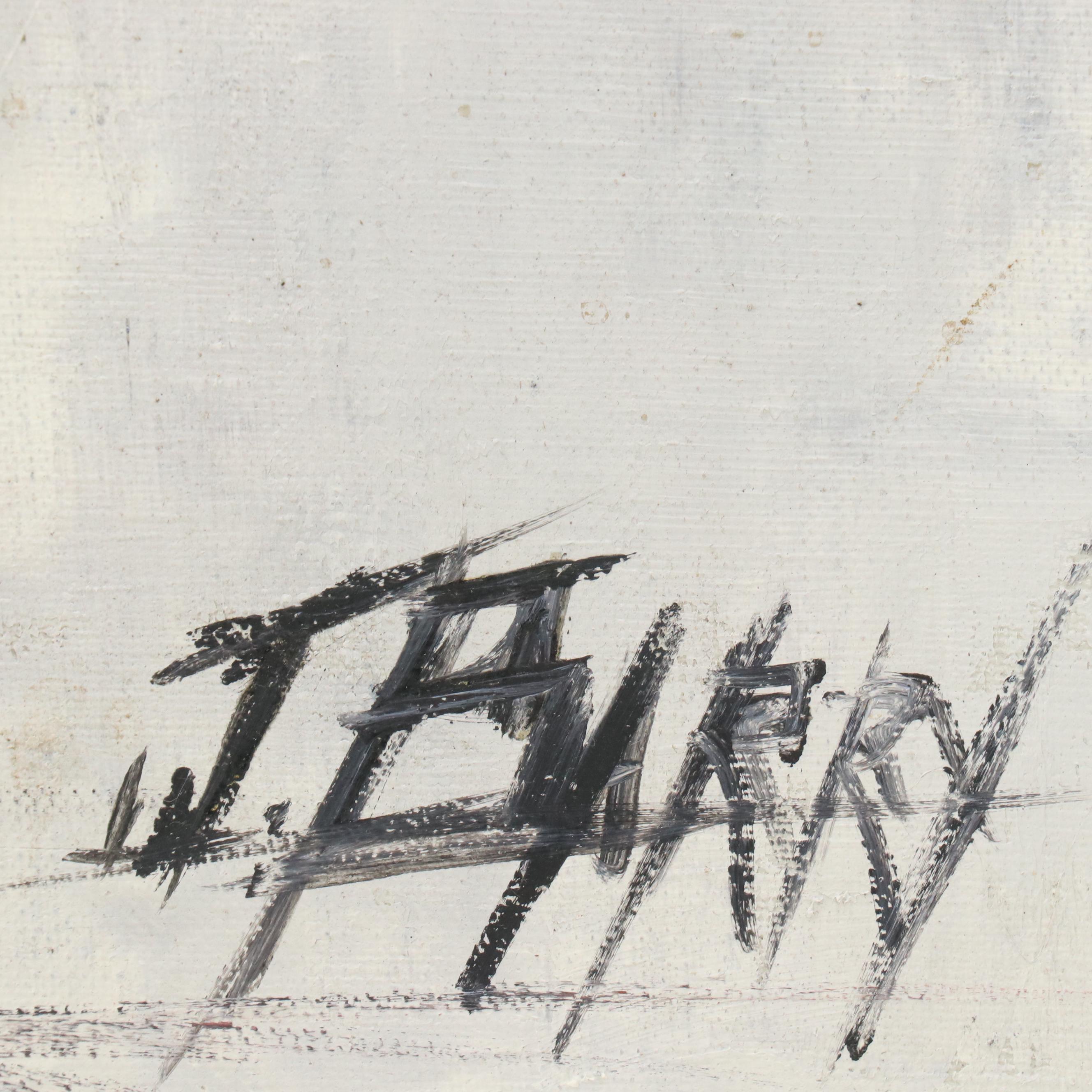 F. Barry Modernist Style Acrylic Painting of Formula 1 Racecars