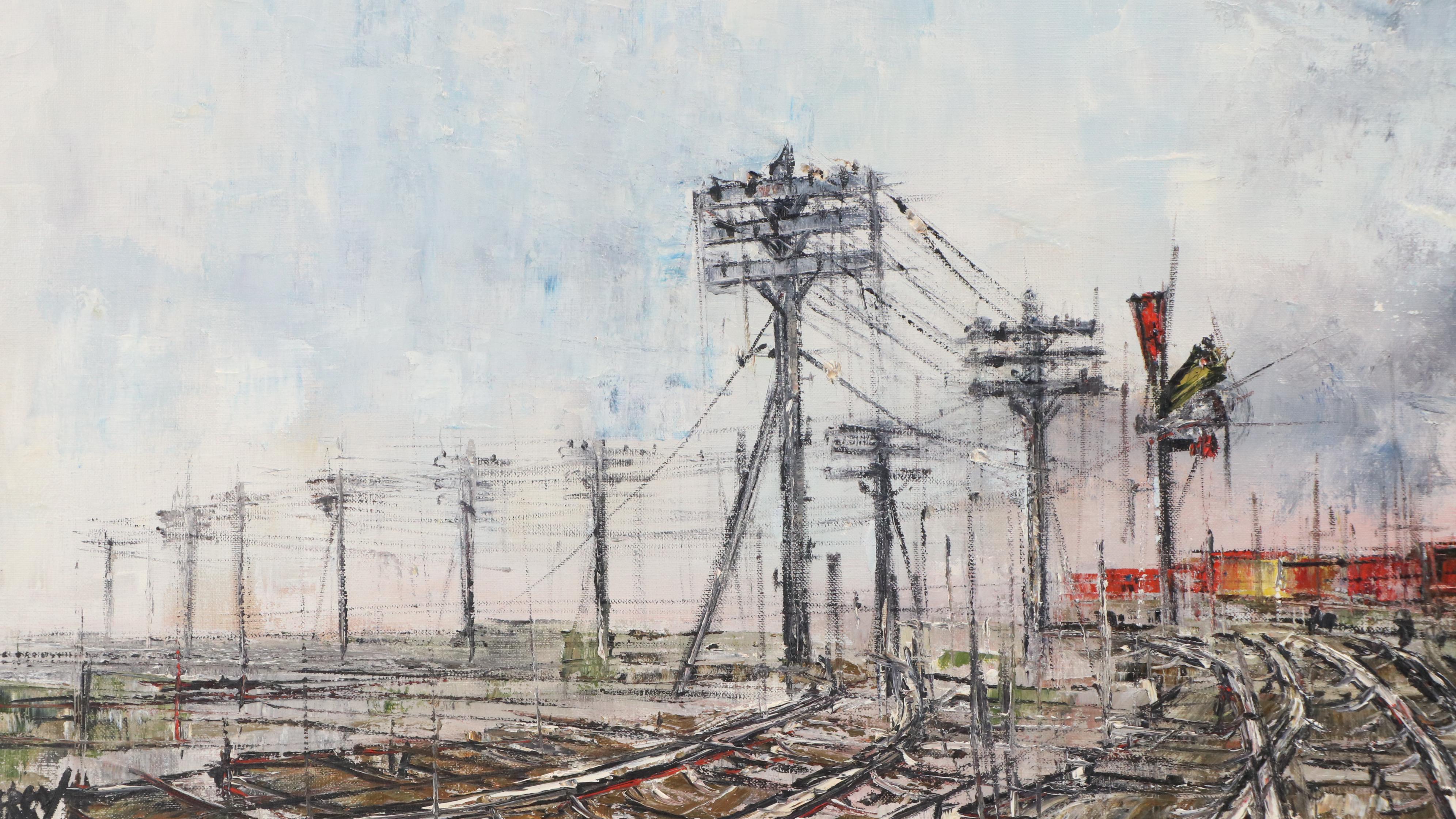 F. Barry Impasto Oil Painting of Steam Locomotive, Mid-20th Century