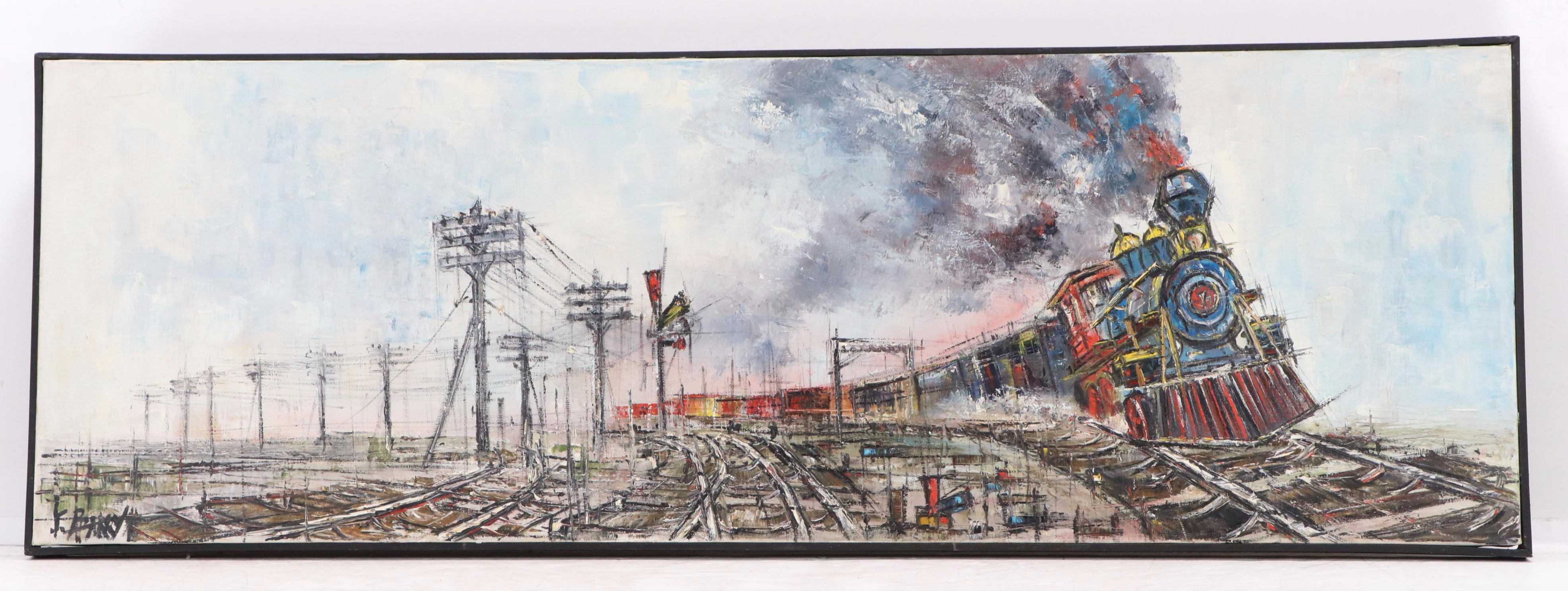 F. Barry Impasto Oil Painting of Steam Locomotive, Mid-20th Century