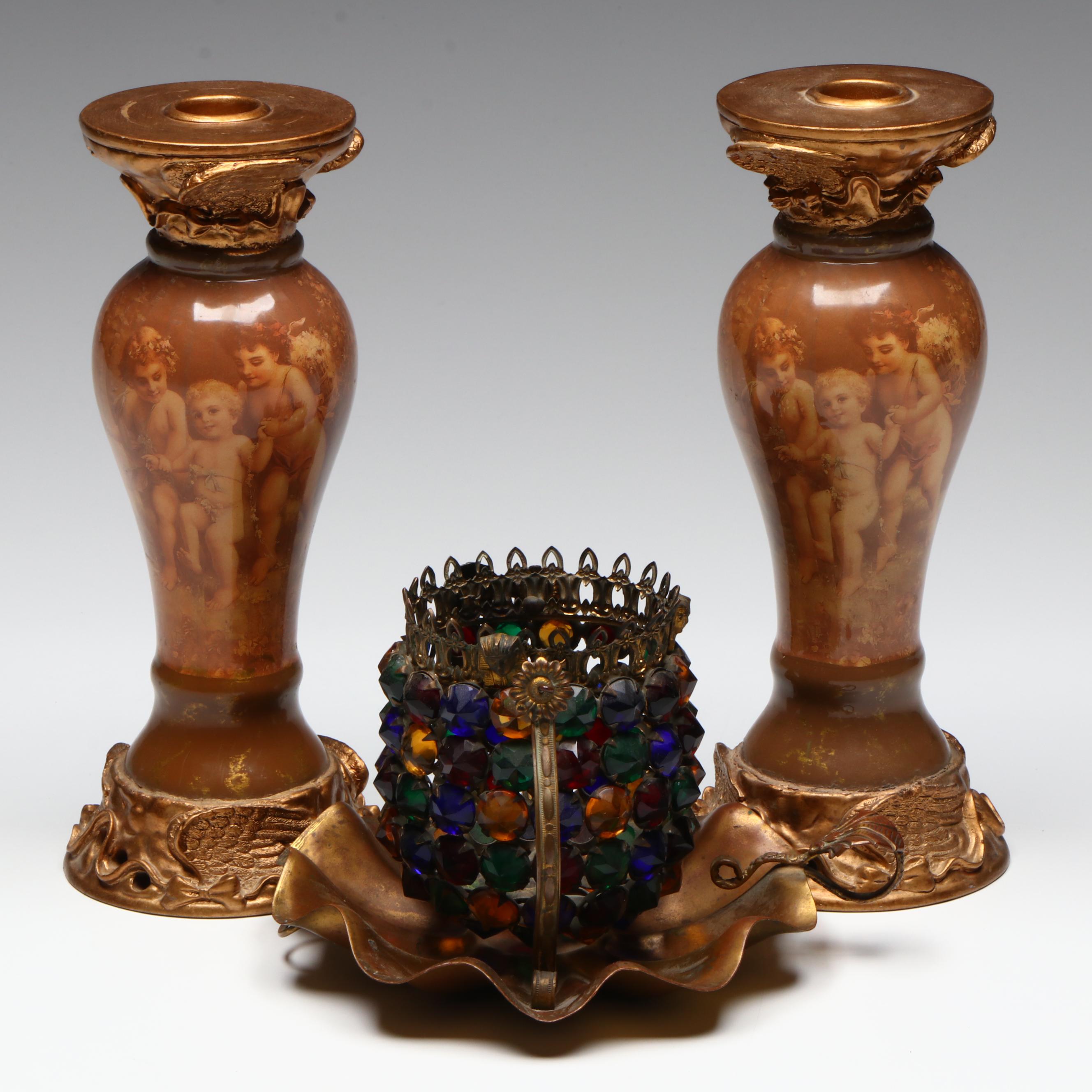 Brass Jeweled Swinging Candle Holder with Metal Cherub Candlesticks