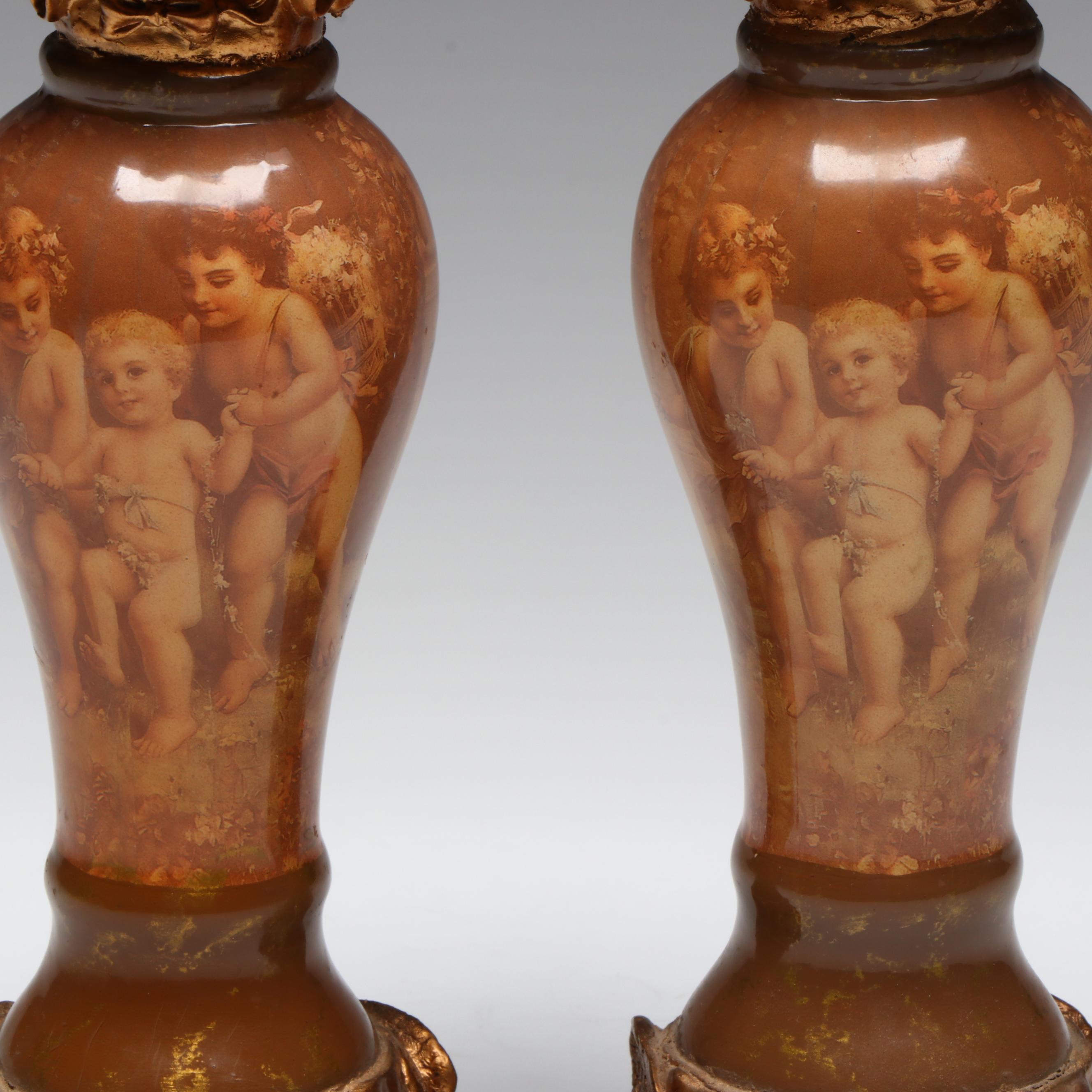 Brass Jeweled Swinging Candle Holder with Metal Cherub Candlesticks