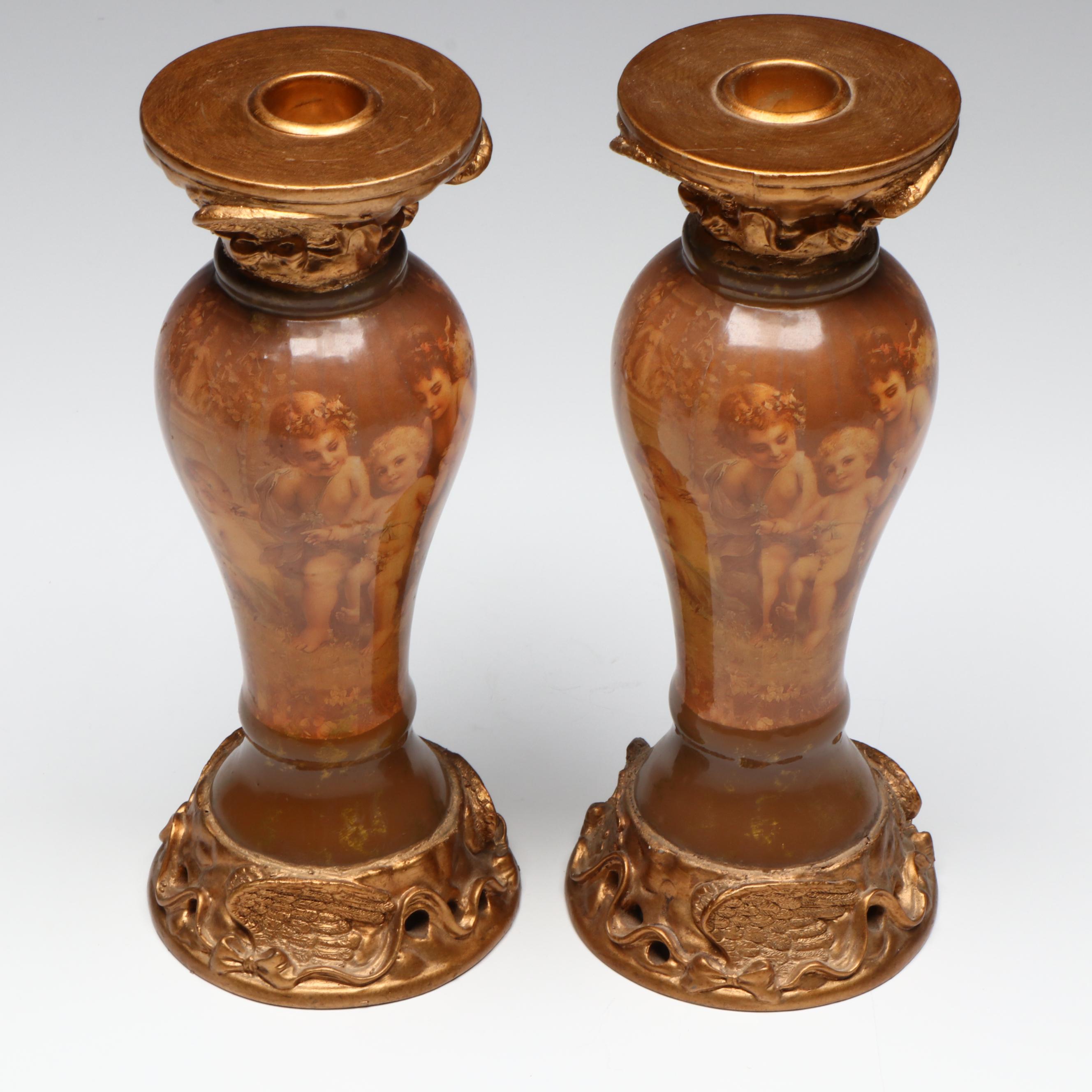 Brass Jeweled Swinging Candle Holder with Metal Cherub Candlesticks