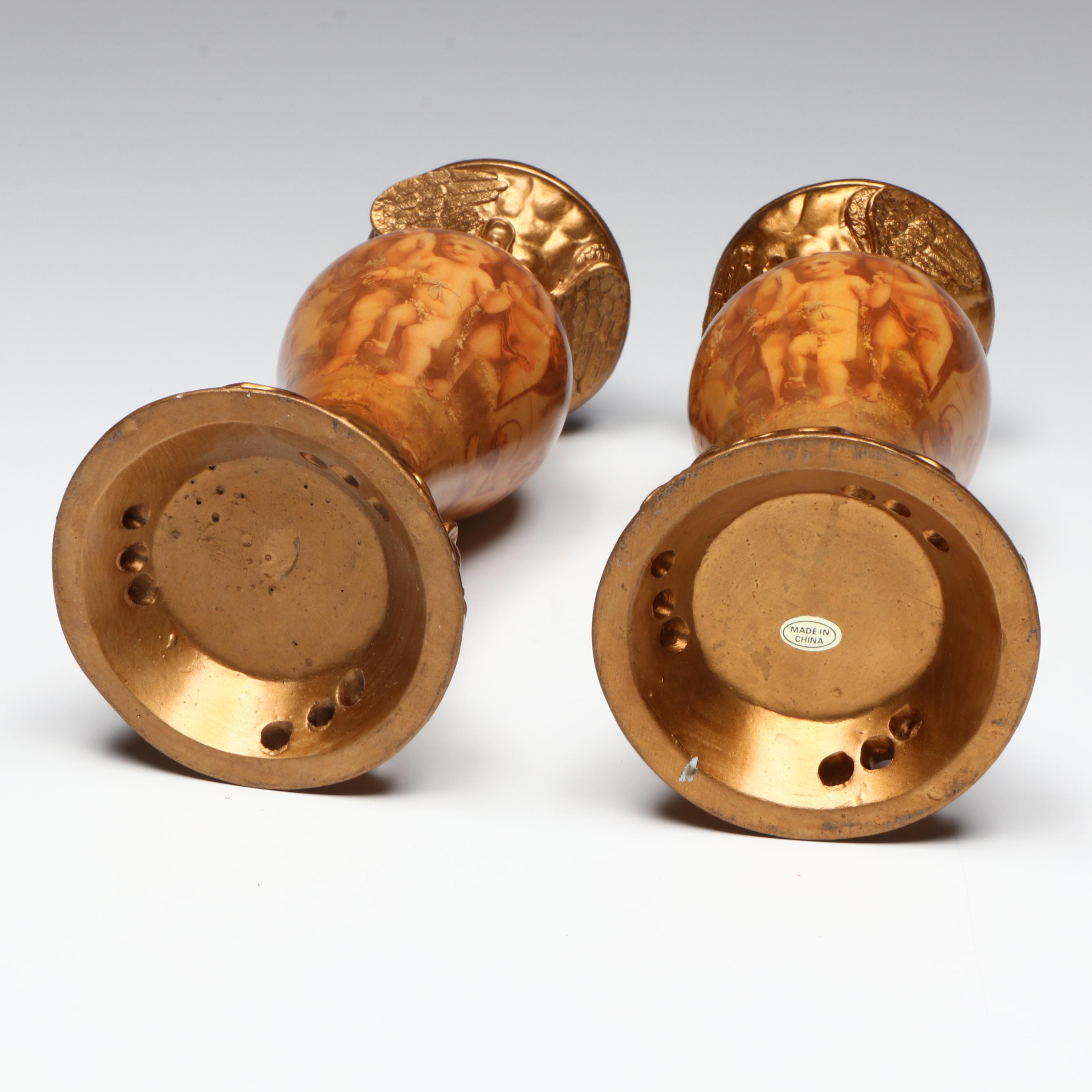 Brass Jeweled Swinging Candle Holder with Metal Cherub Candlesticks