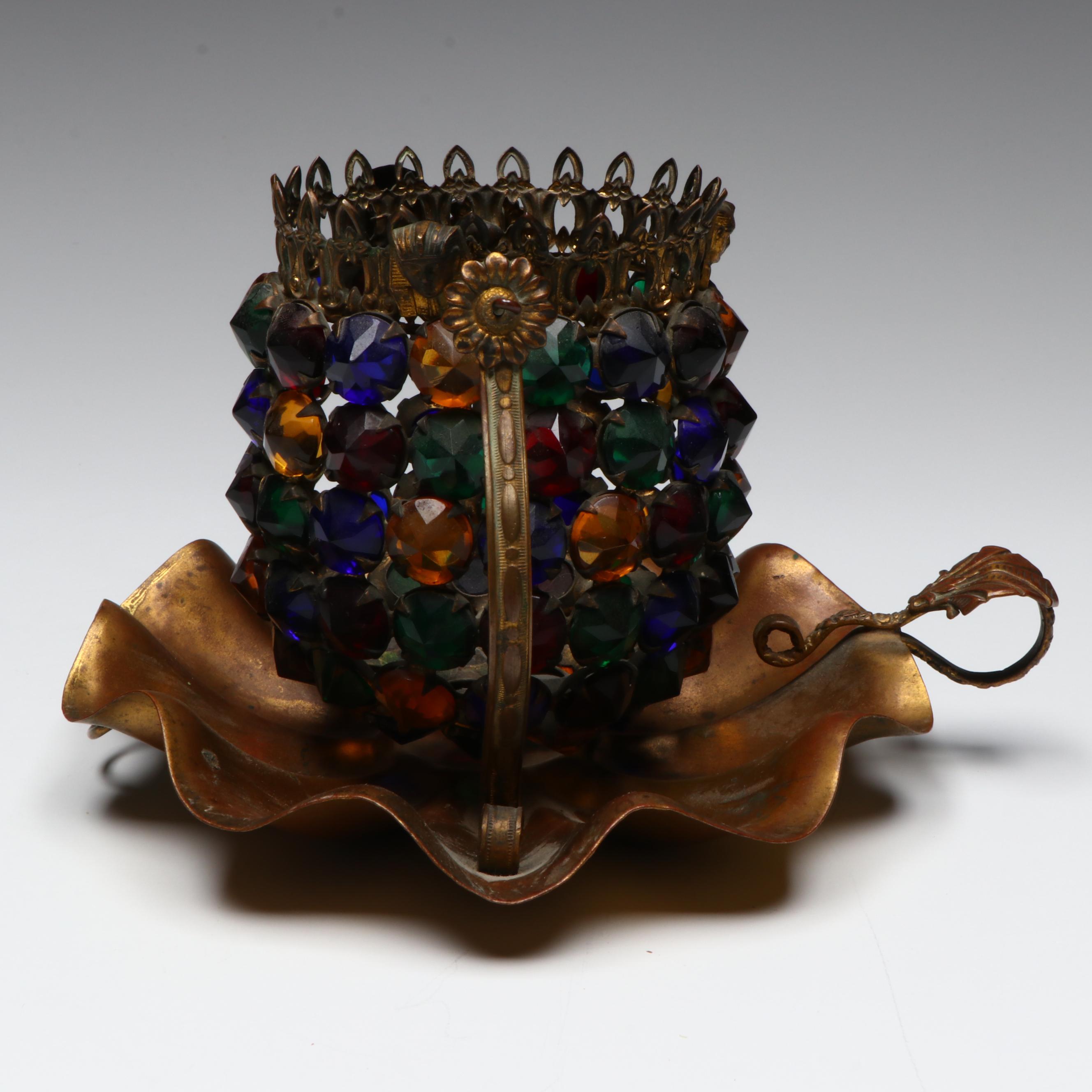 Brass Jeweled Swinging Candle Holder with Metal Cherub Candlesticks