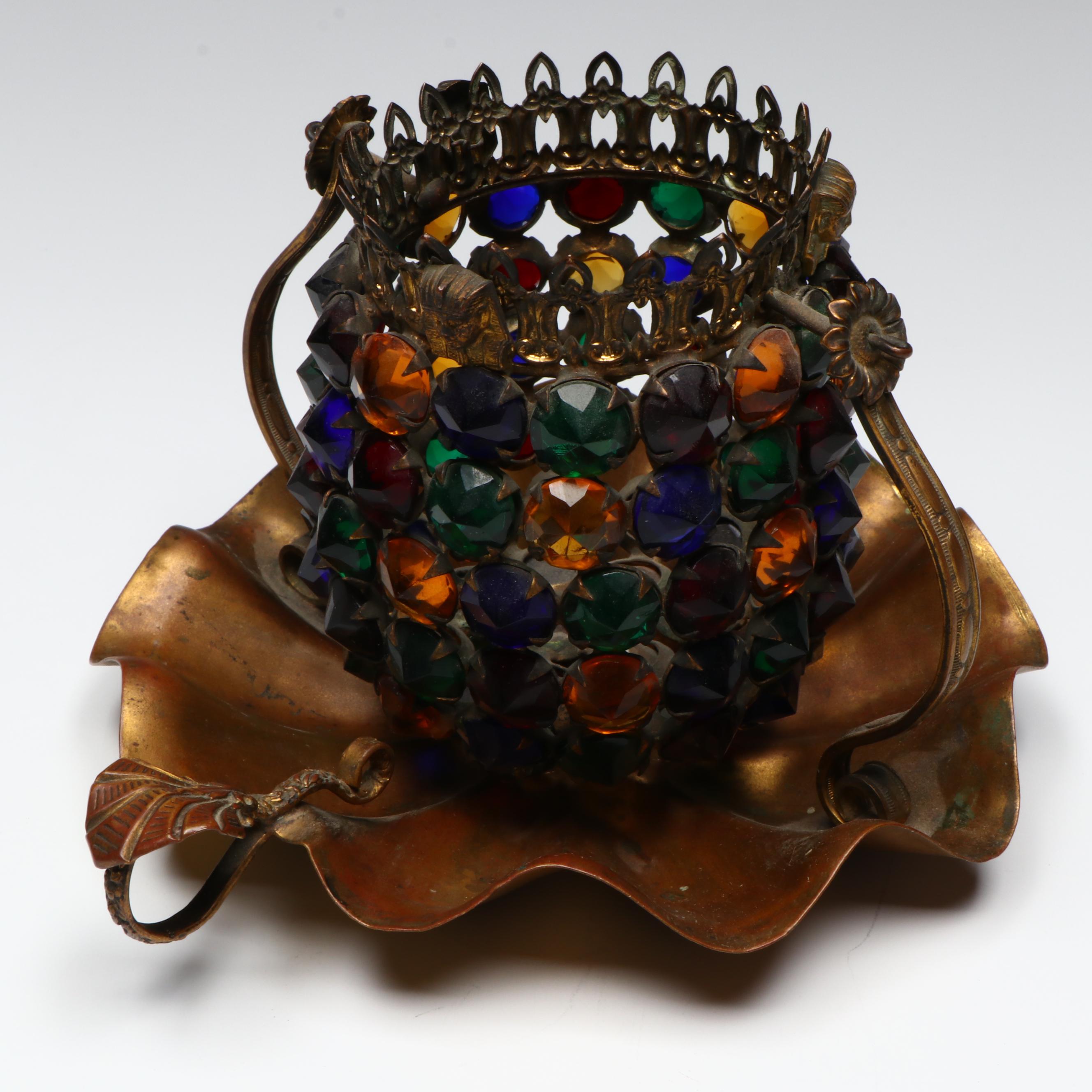 Brass Jeweled Swinging Candle Holder with Metal Cherub Candlesticks