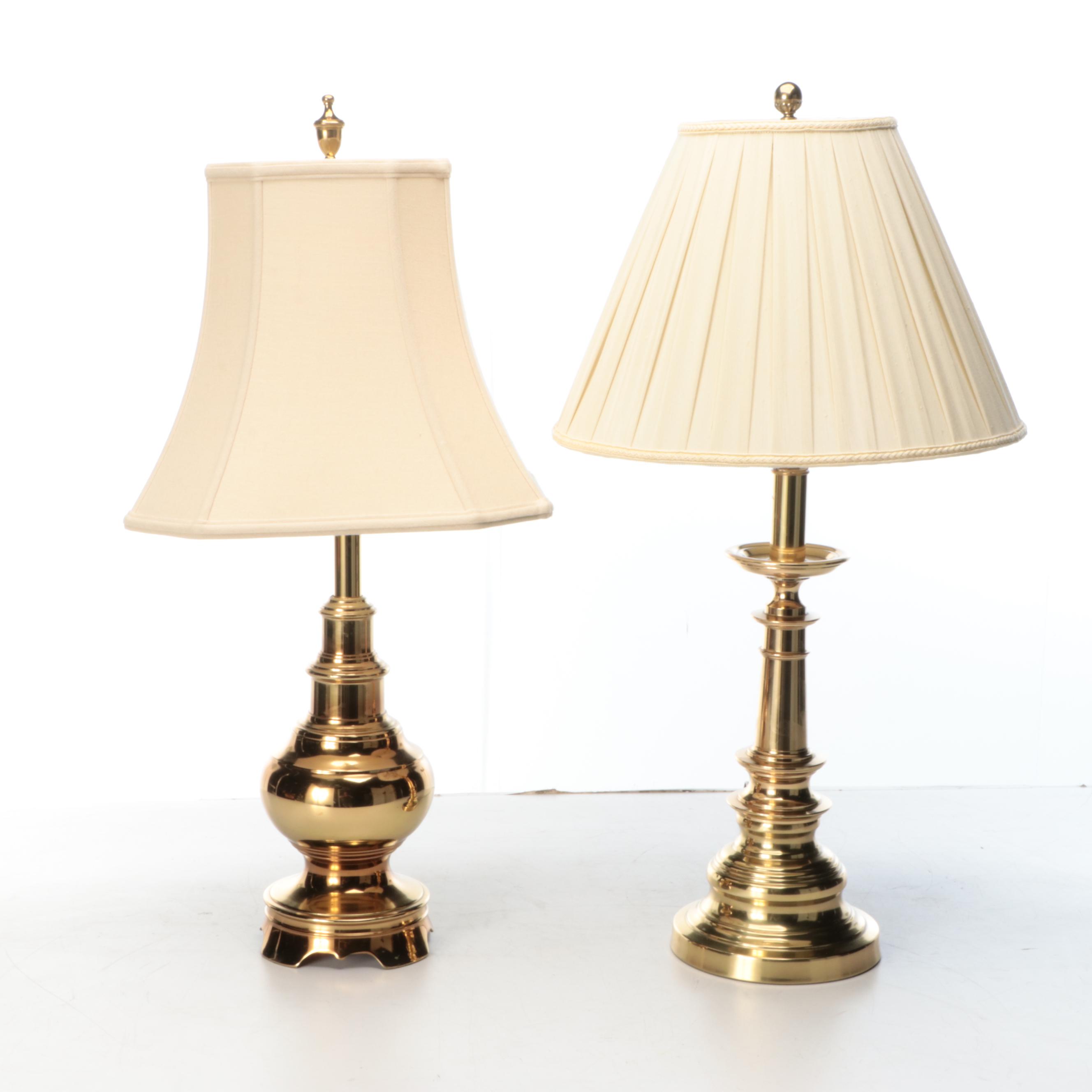 Spun Brass Table Lamps with Silk Bell and Pleated Shades
