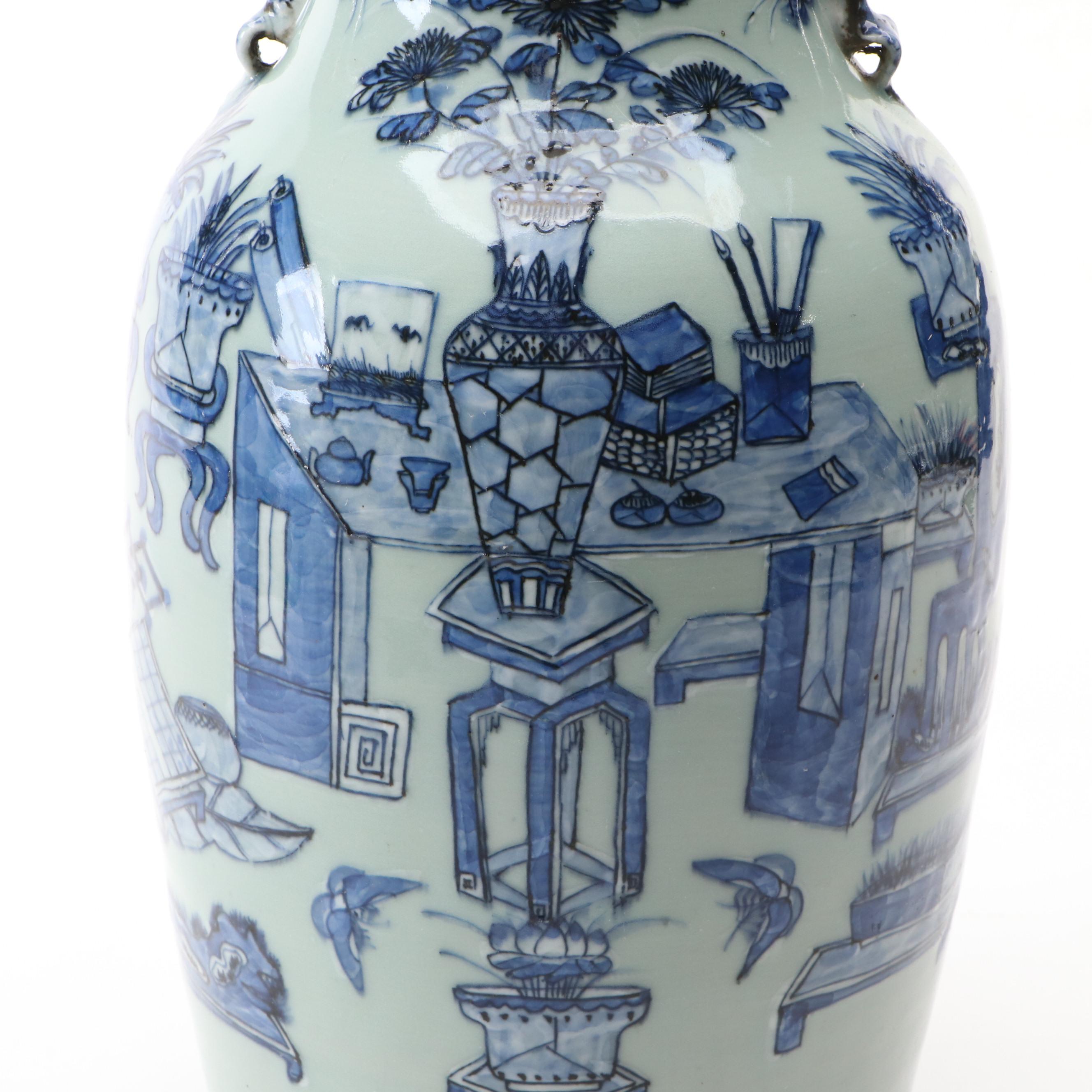 Chinese Hand-Decorated Baluster Vase with Guardian Lion Handles