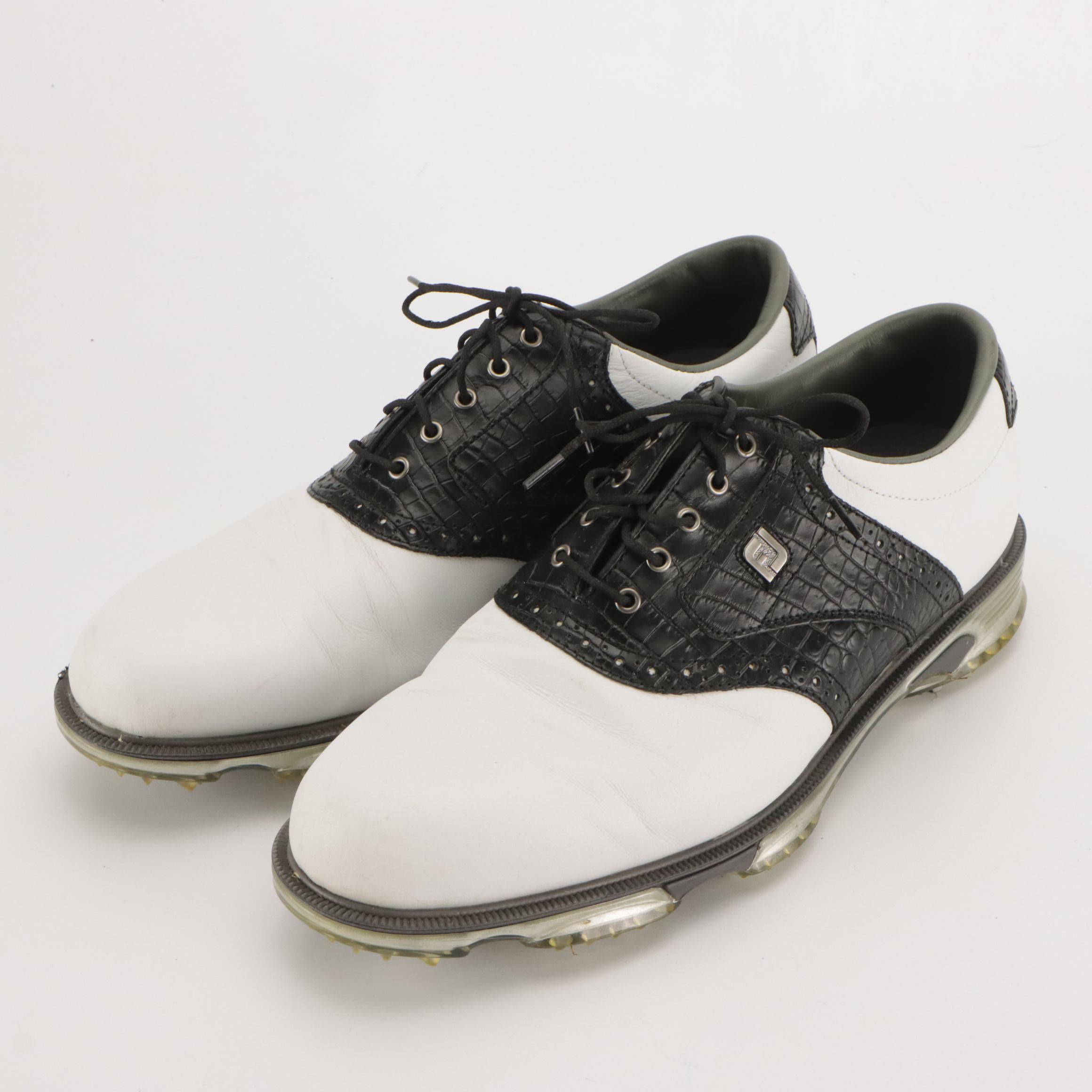 Men's FootJoy DryJouys Tour Saddle Golf Shoes in White & Embossed Leather W More