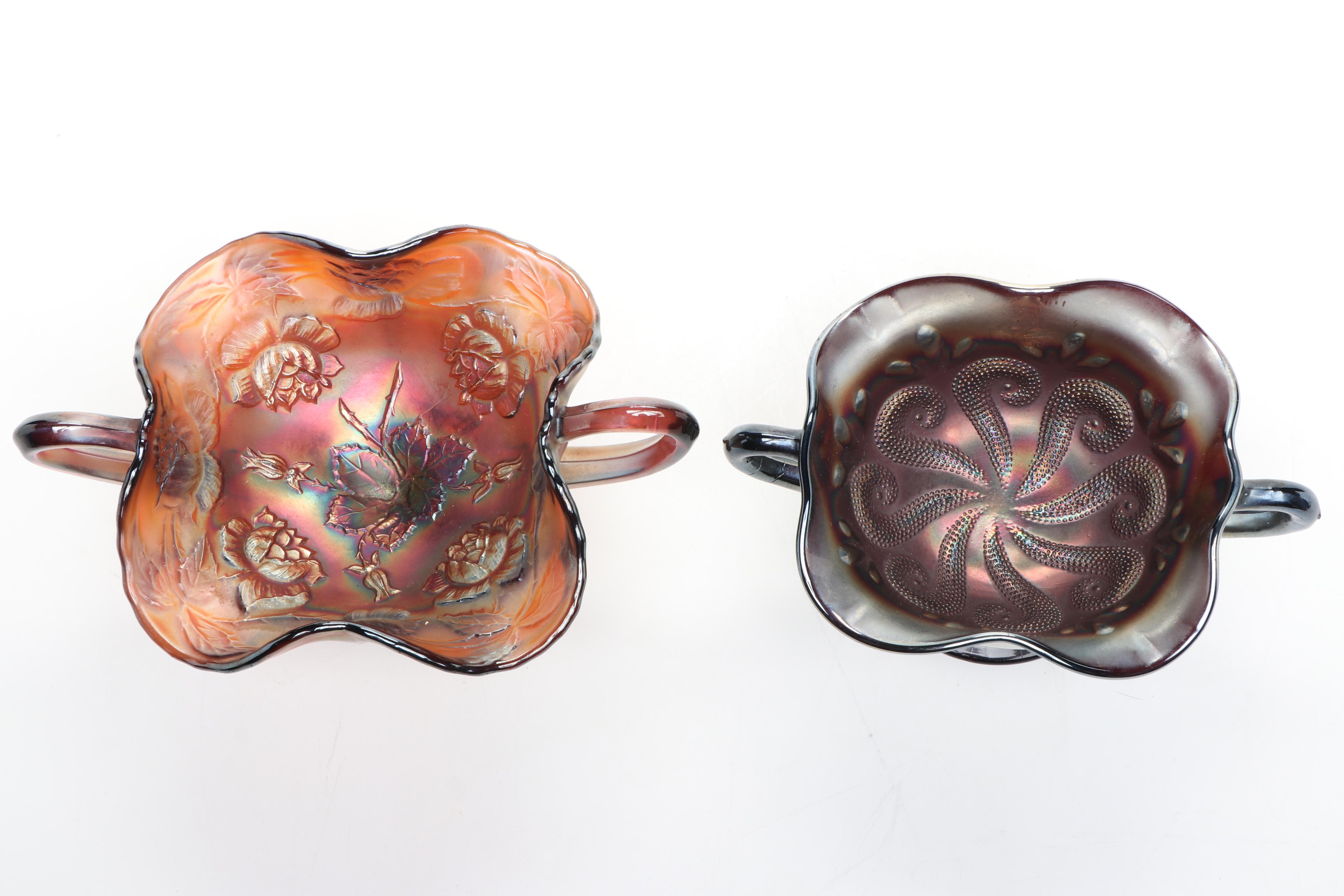 Dugan Amethyst "Question Mark" with Other Carnival Glass Bonbon Dishes